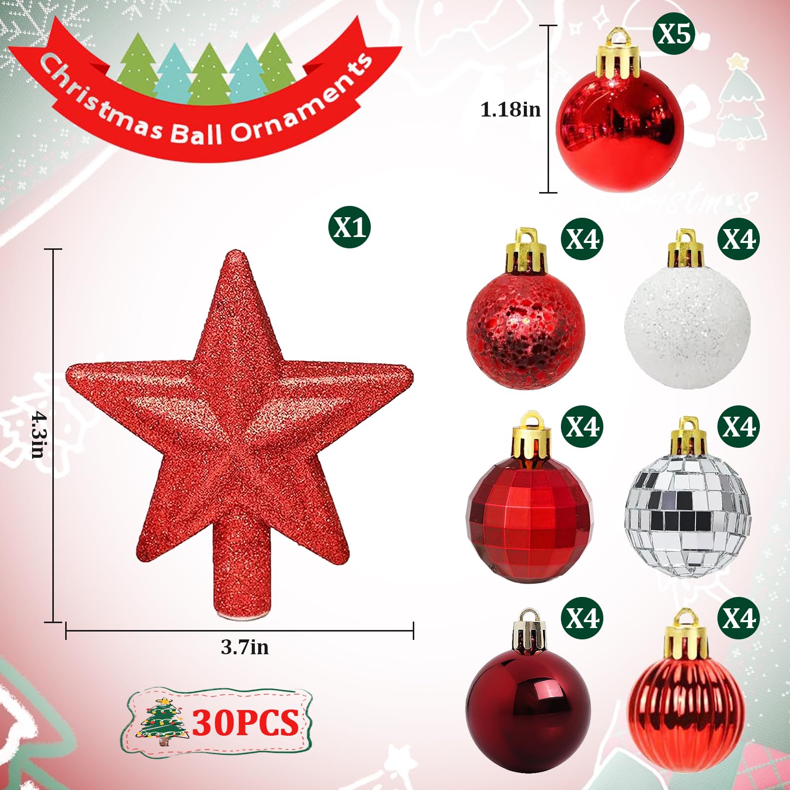 Lot De 30 Boules De Noël En Plastique - 3 Cm, Rouge Et Argent, Incassables, Pour Sapin Intérieur/Extérieur, Avec Étoile Et Boîte De Rangement