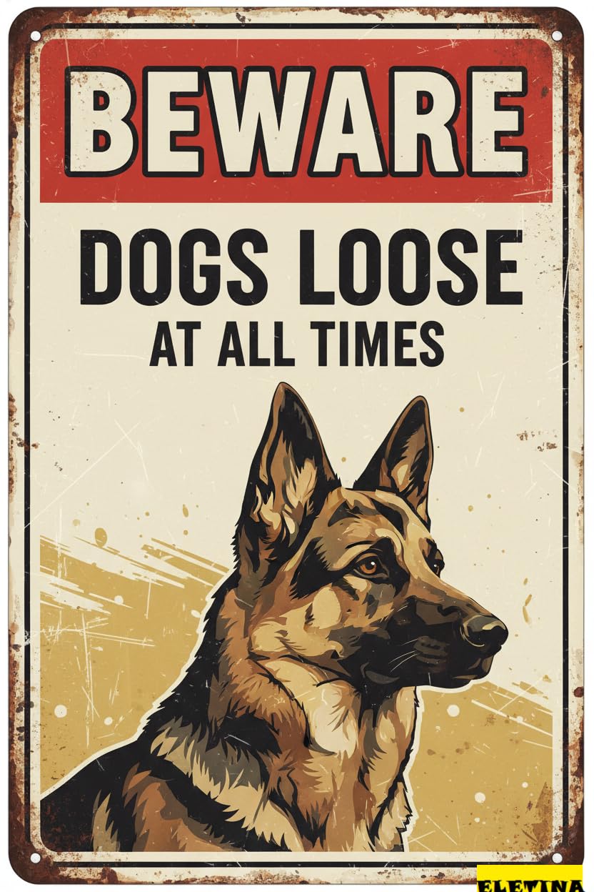 Beware Of Dogs Loose German Shepherd Tin Sign, 8x12 Inch