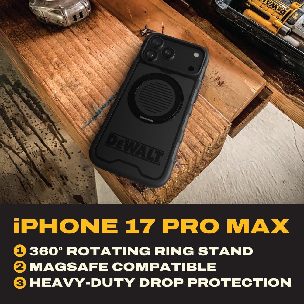 DEWALT Compatible iPhone 17 Pro Max Magnetic Case with Stand, Rugged Shockproof Cover w/ 360° Rotatable Ring Holder, Compatible with MagSafe iPhone 17 Pro Max Case Kickstand, Heavy-Duty Protective