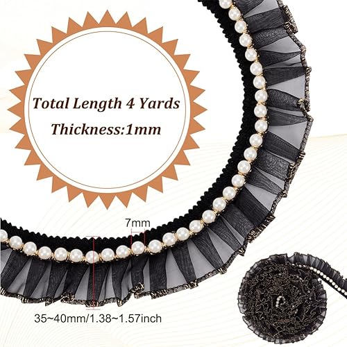 Miniatura 2 de BENECREAT Cinta plisada con borde de encaje de 4 yardas, 1.55 pulgadas de ancho, ribete de encaje negro perla con borde dorado, volantes de organza