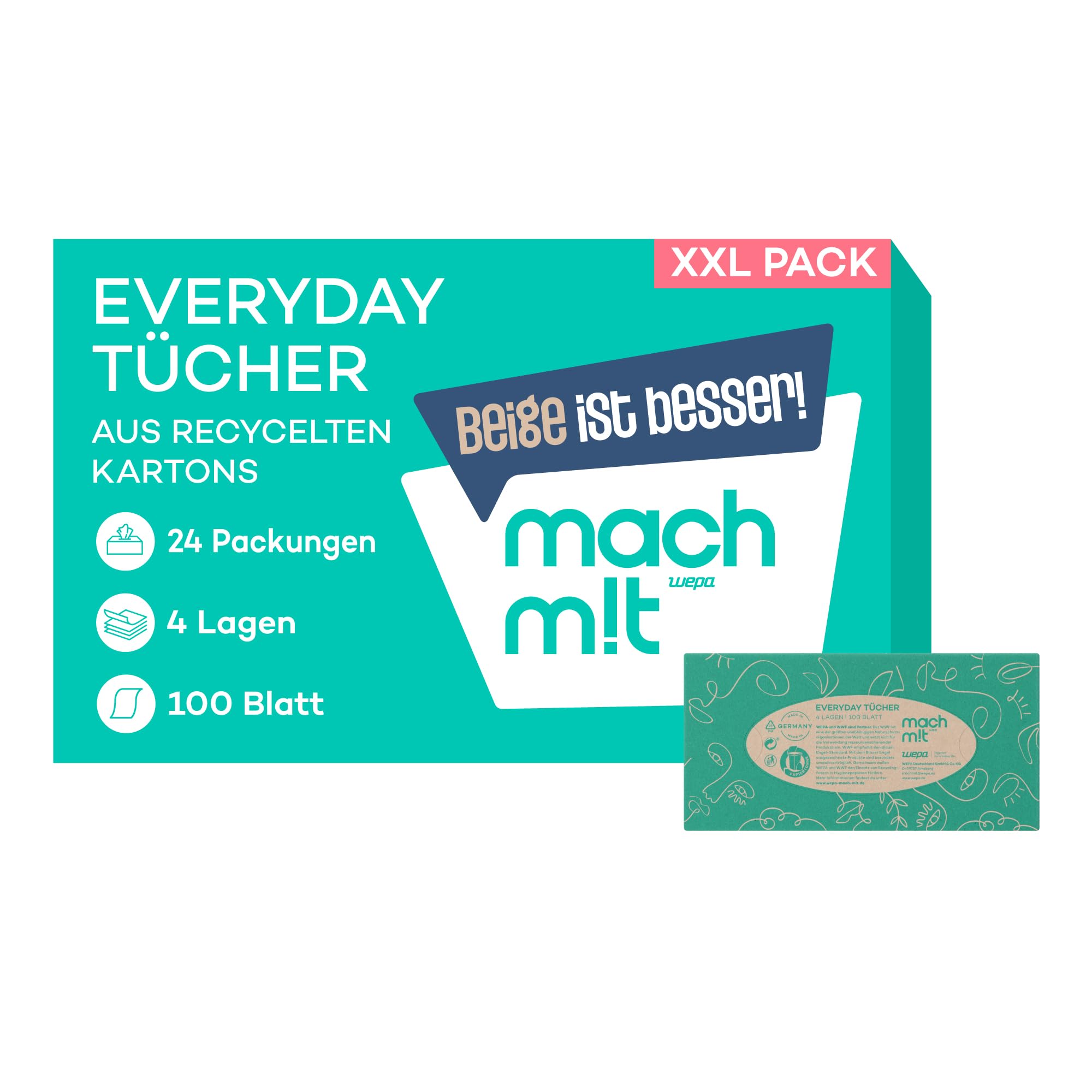 machm!t Kosmetiktücher 4-lagig - 24 Boxen - 100 Tücher pro Box – ohne Bleichmittel - aus recyceltem Karton - extrem weich & nachhaltig – Made in Germany – 100% recycelbar - Großpackung