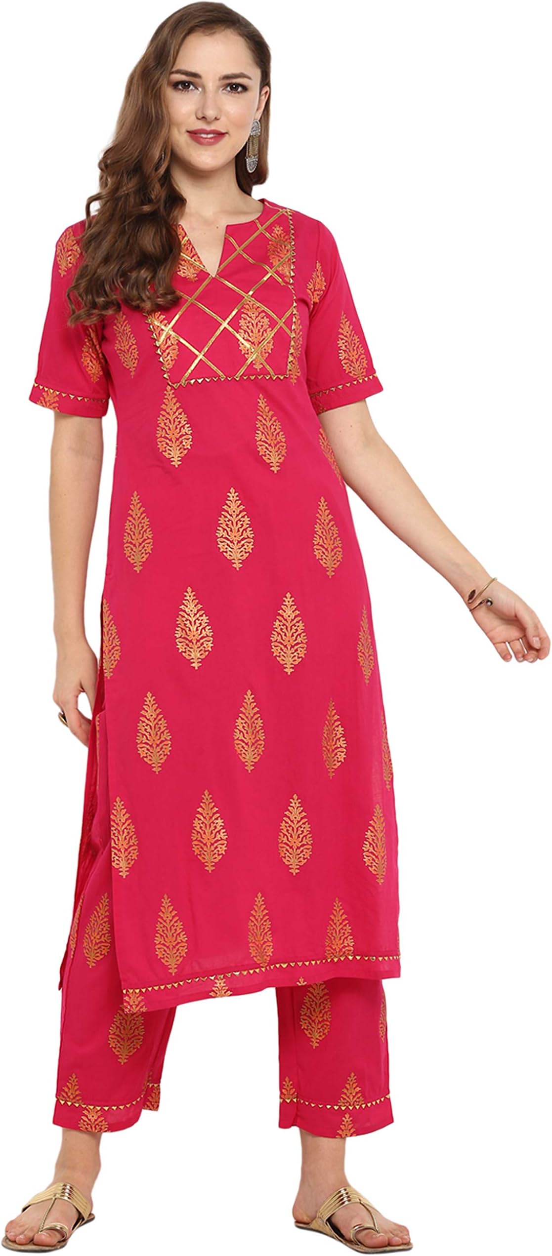 JanasyaIndian Tunic Tops Cotton Kurti Set for Women (SET025-KR-SP-S) Pink