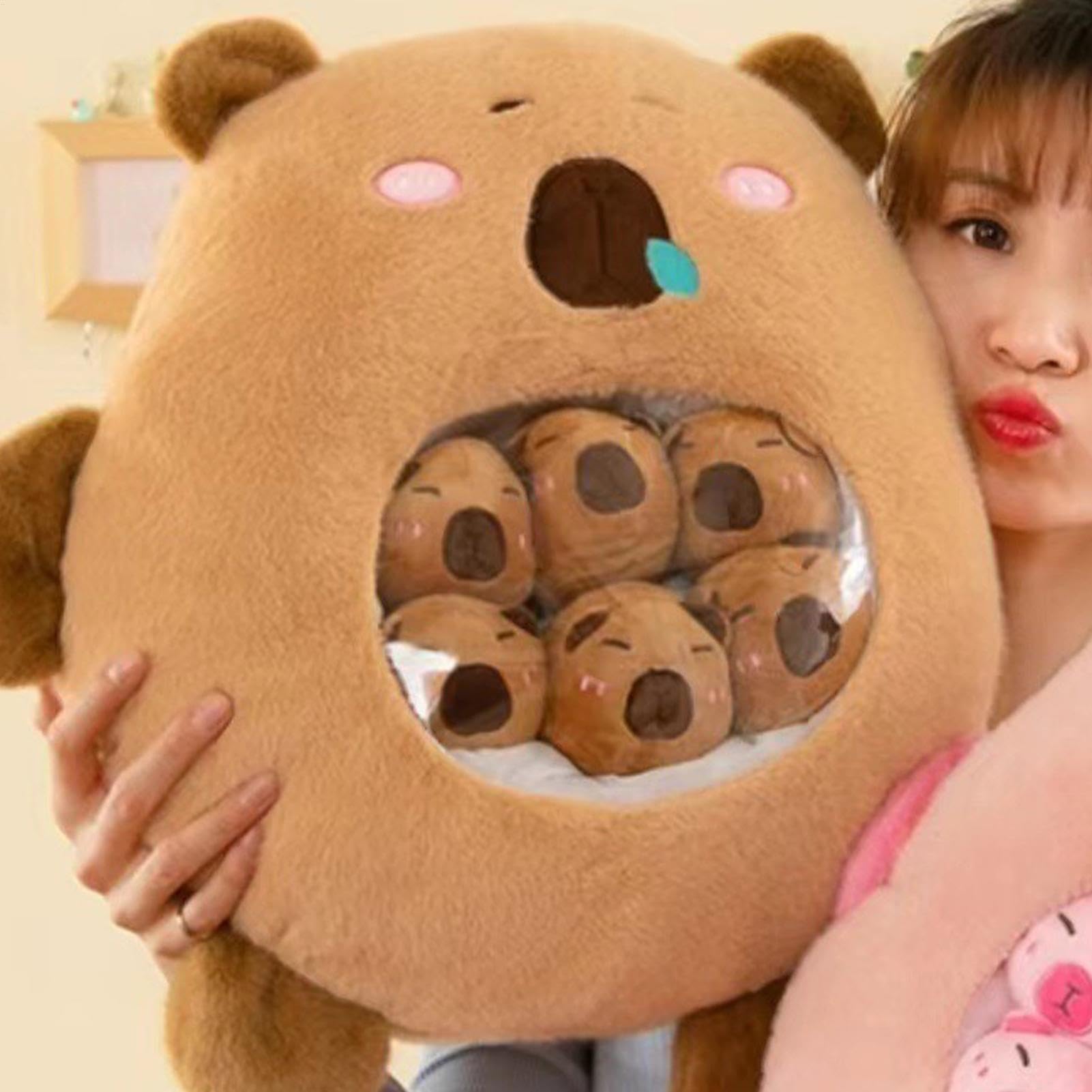Peluche Capibara Cuscino Morbido Rimovibile In Peluche Con 6 Piccoli | Bambola Cuscino Capibara Per Bambini E Bambine Adatta Per Decorazione Divano E Camera Da