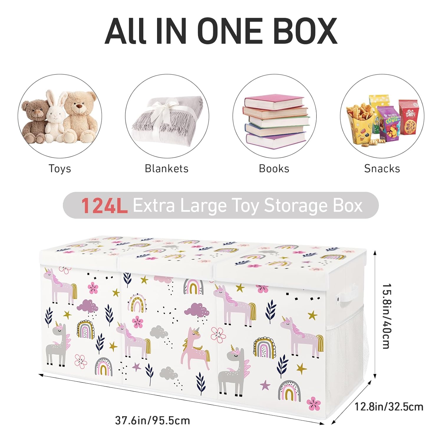 Extra Large Collapsible Toy Box with Lids, Sturdy Storage Organizer for Kids, 38"x16"x13" Toy Chest for Playroom, Nursery, Bedroom, Living Room (Flowers and Unicorns)