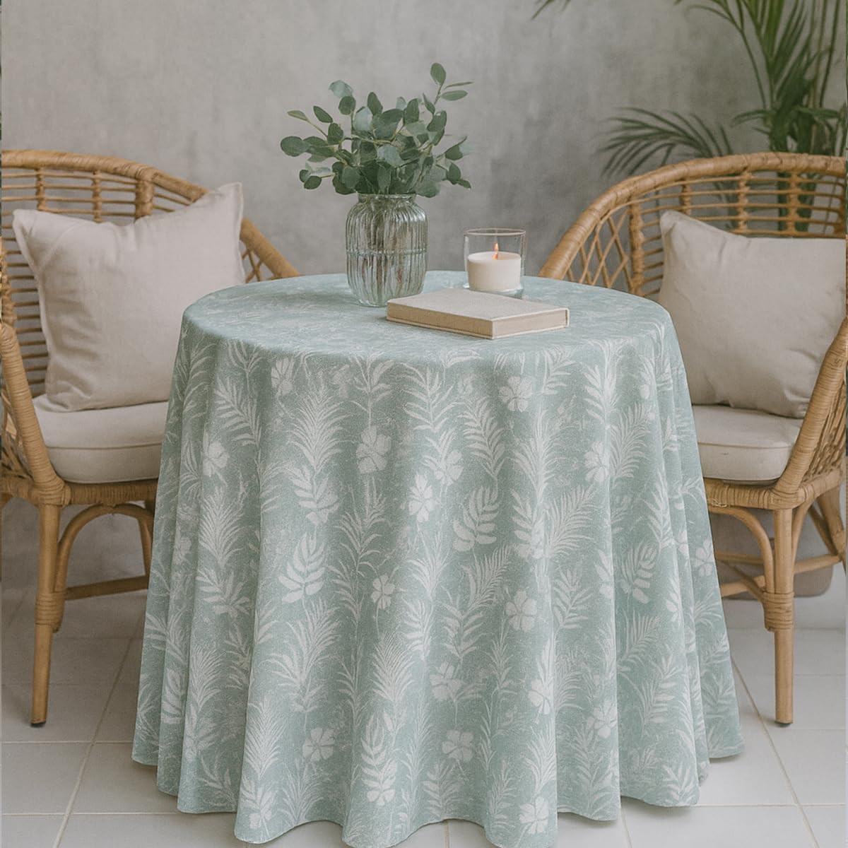 LaFábricadelasTelas -Falda,Ropa de Mesa Camilla Redonda Flores y Hojas Color Agua Marina y Gris. (Agua Marina, 90 Redonda Diámetro)