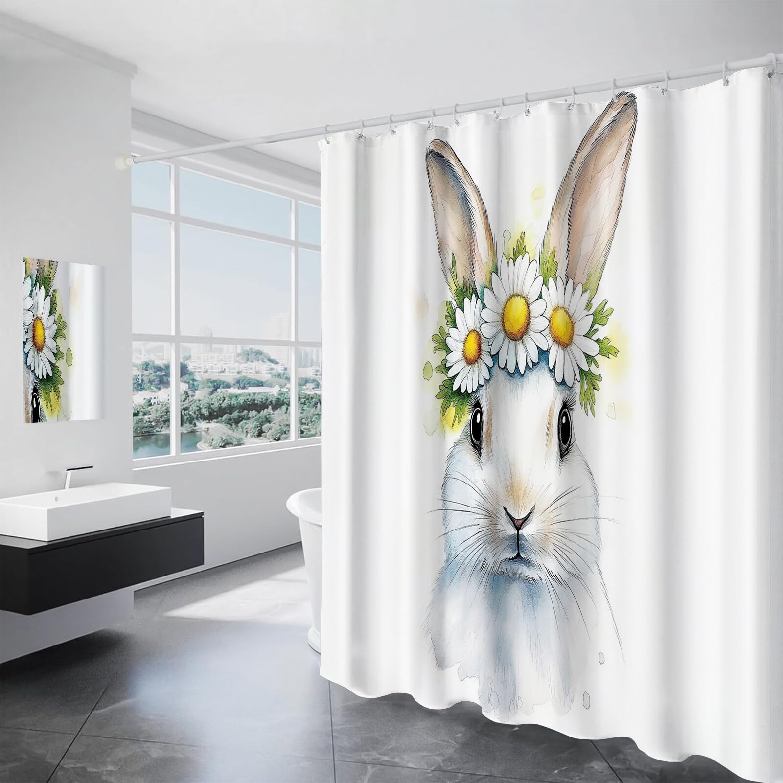 Rideau De Douche Daisy Bunny Animaux À L'Aquarelle Tissu Imperméable Lavable avec Crochets Anti Moisissure en Polyester Rideau Douche pour Salle De Bain