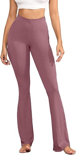 Kafiloe Pantalones acampanados de yoga de punto acanalado para mujer, leggings de cintura alta, pantalones elásticos de entrenamiento