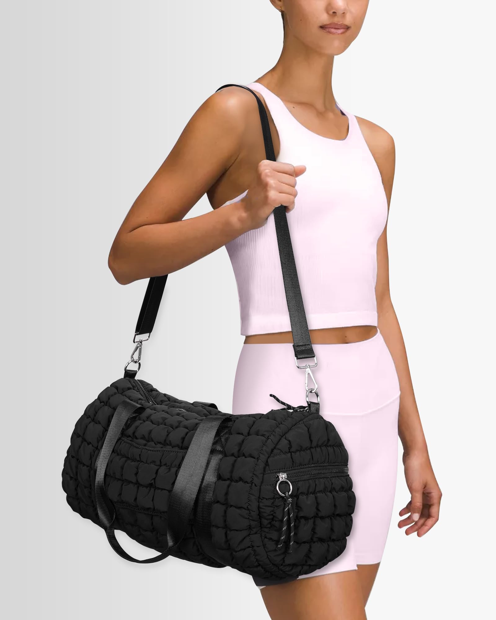 Lushandy Borsa da palestra da donna, trapuntata, borsa da palestra da viaggio, con scomparto per scarpe, borsa a tracolla per il weekend, nero, 18.9 x 9.4 x 9.4 inches, Borsone casual da viaggio da