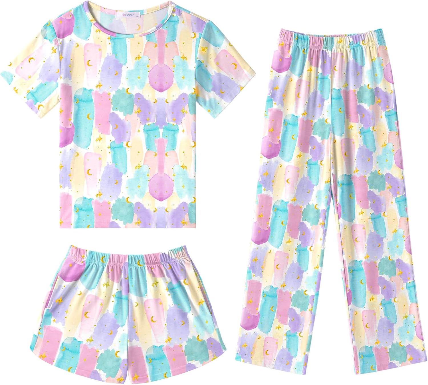 Arshiner Girls Pajama Set 3 Piece Short Sleeve Sleepwear Summer Soft Cute Pjs Outfits