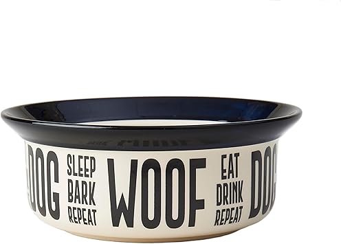 PetRageous 17001 Eat Drink Repeat Two-Tone Stoneware Dishwasher Safe Dog Bowl 4-Cup 8.18-Inch Diameter 3-Inch Tall for Medium