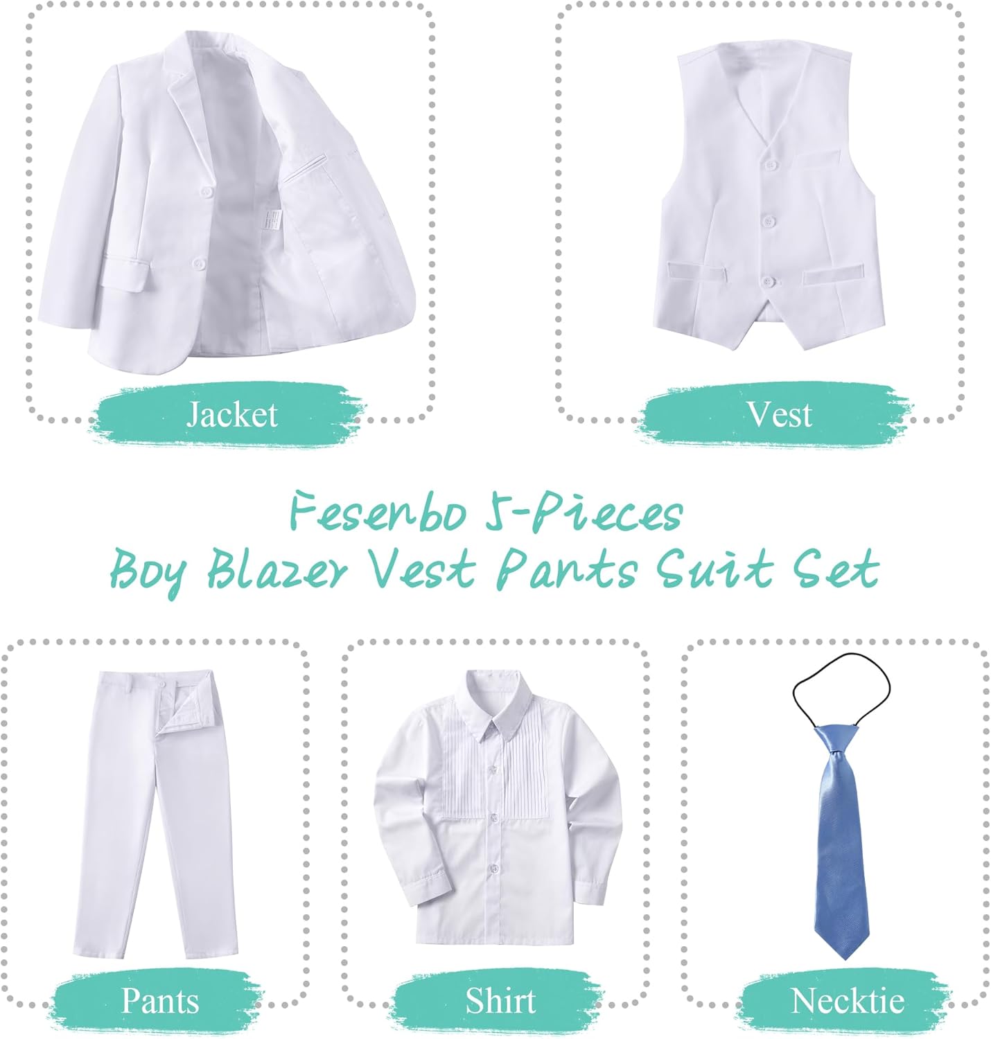 Boy's Suit Formal Slim Fit 5 Pieces Suit Set Blazer Vest Pants with Adjustable Waist Shirt with Tie
