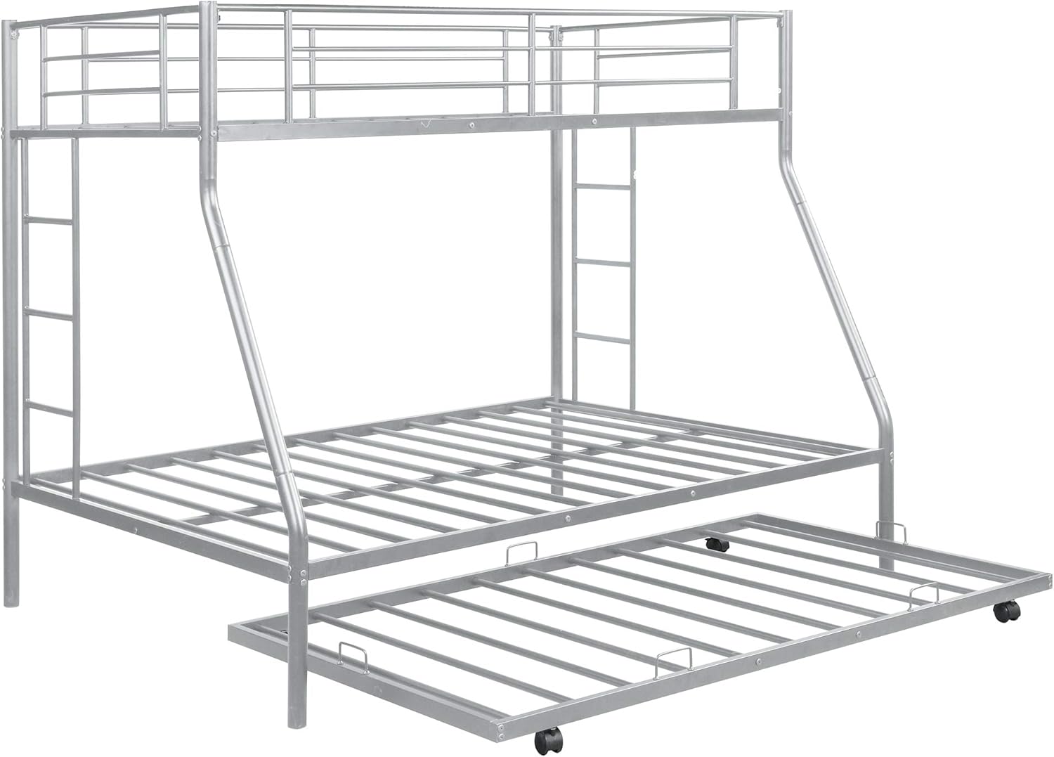 Metal Bunk Beds Twin Over Full Size with 2 Ladder and Trundle Bed for Kids Teens Adults, (Silver)