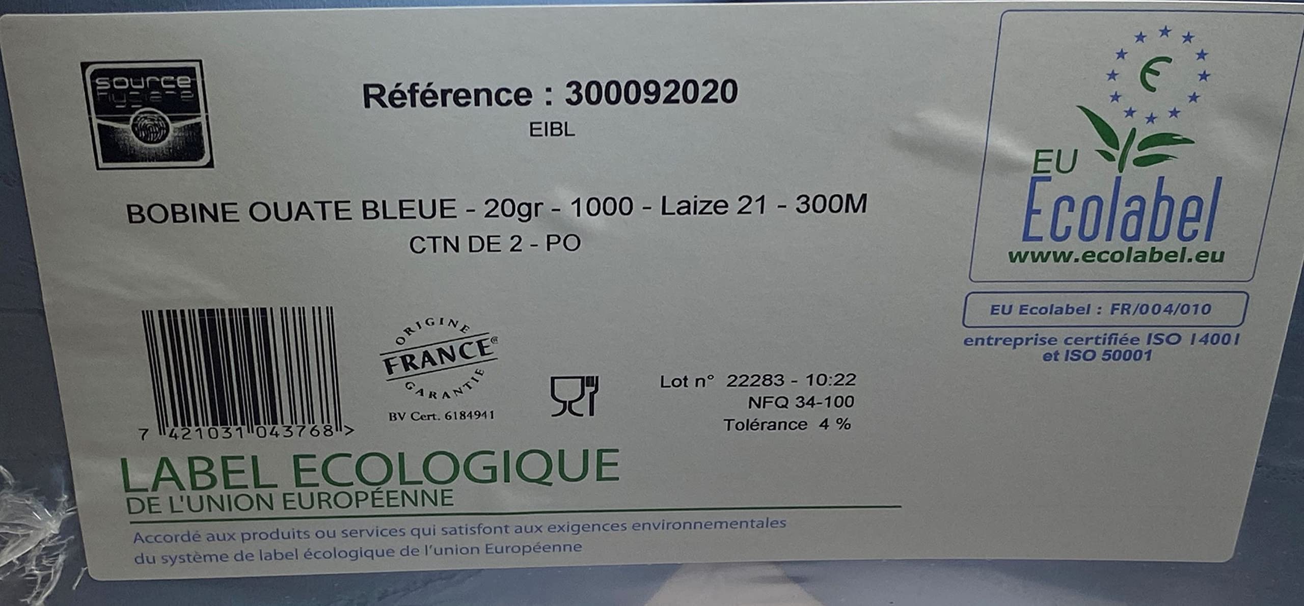 Source HygiÈne - LOT 2 BOBINES OUATE BLEUE COMPAT ALIMENTAIRE - 20gr - 1000 - LAIZE 21-30M - PO