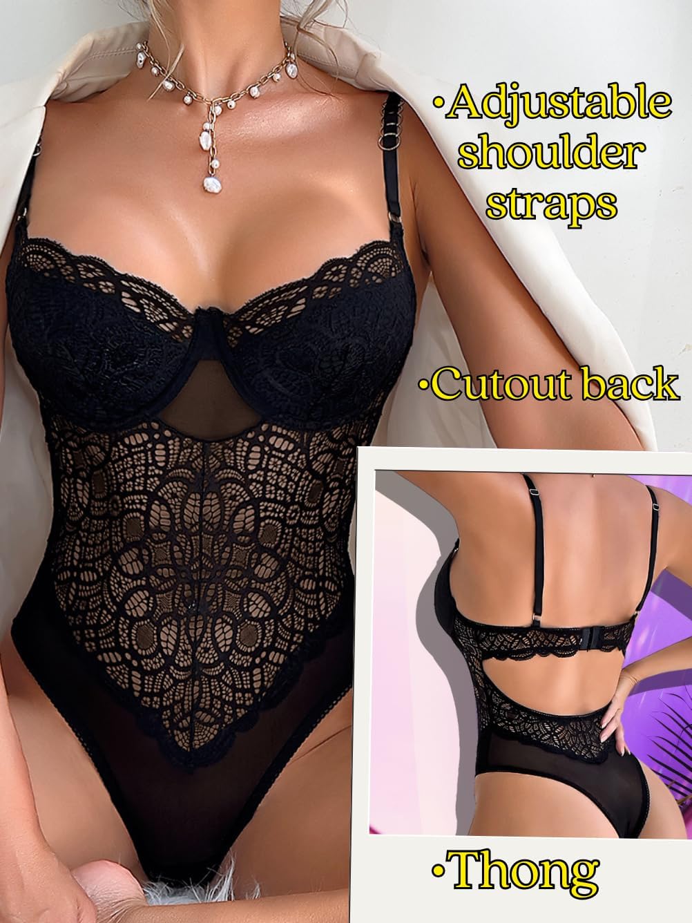 Floral Lace Bodysuit Lingerie,High Cut Sexy Body Suits Women,Sheer Mesh Corset Tops Date Night Club - Image 3