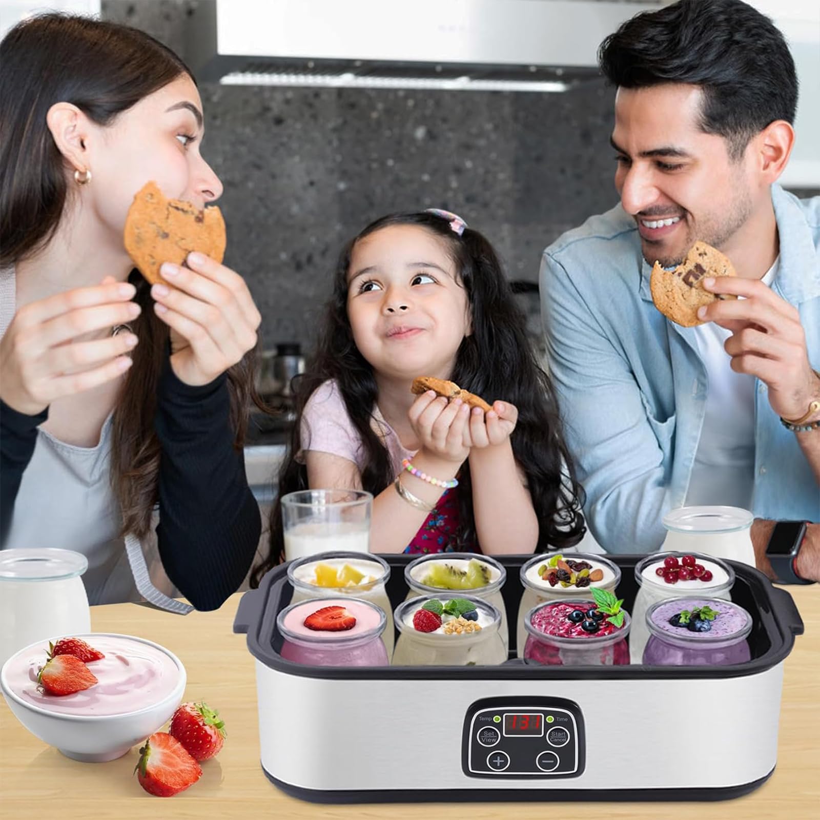 Yogurtera Digital Automática con 8 Frascos de Vidrio de 175 ml, Yogurtera Probiótica de Acero Inoxidable con Control de Temperatura Constante y Pantalla LCD
