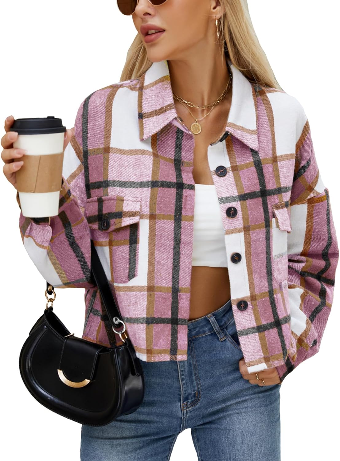 CYCLAMEN Women's Flannel Plaid Cropped Shacket Jacket Long Sleeve Button Down Crop Shirt Coat Fall Fashion Casual Outfits