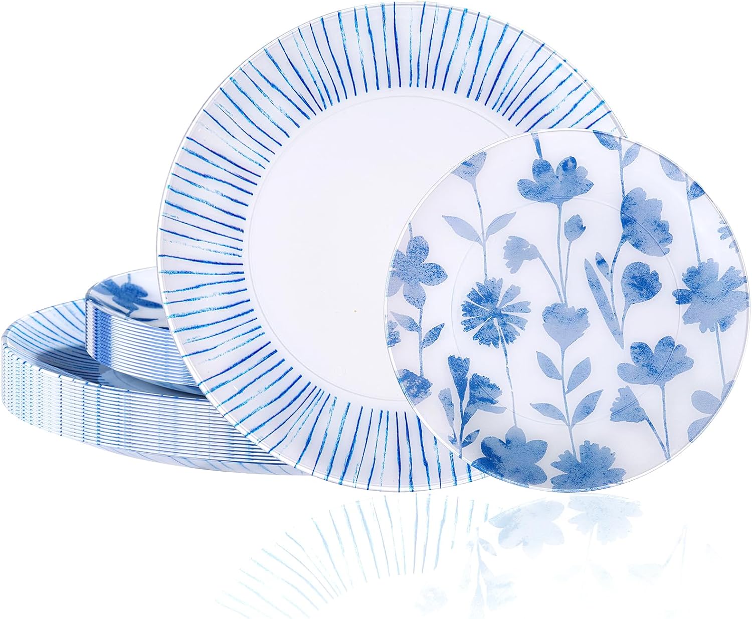 U-QE 20Pcs Blue Plastic Plates - Botanical Stripes Hanukkah Plates Disposable Heavy Duty, Fancy Floral Pattern Perfect for Hanukkah, Tea Parties, Holidays - 10.25" Dinner & 7.5" Dessert Plate