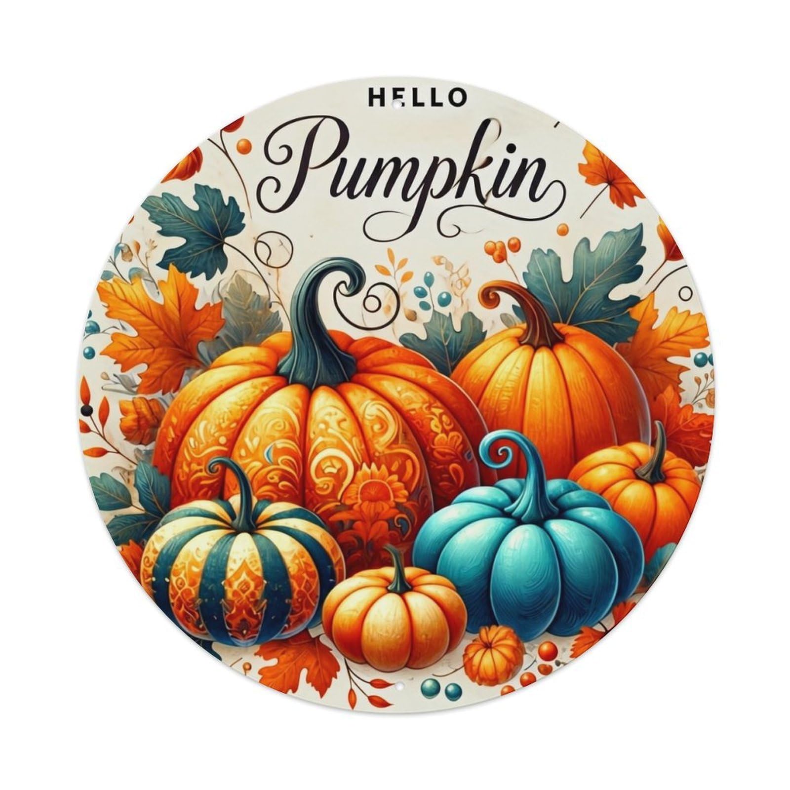 Pumpkin Autumn Leaves Pattern Design Round Metal Tin Sign Vintage Wall Decor, Bar Garage Cafe Kitchen Home Wall Art Poster 8x8inches