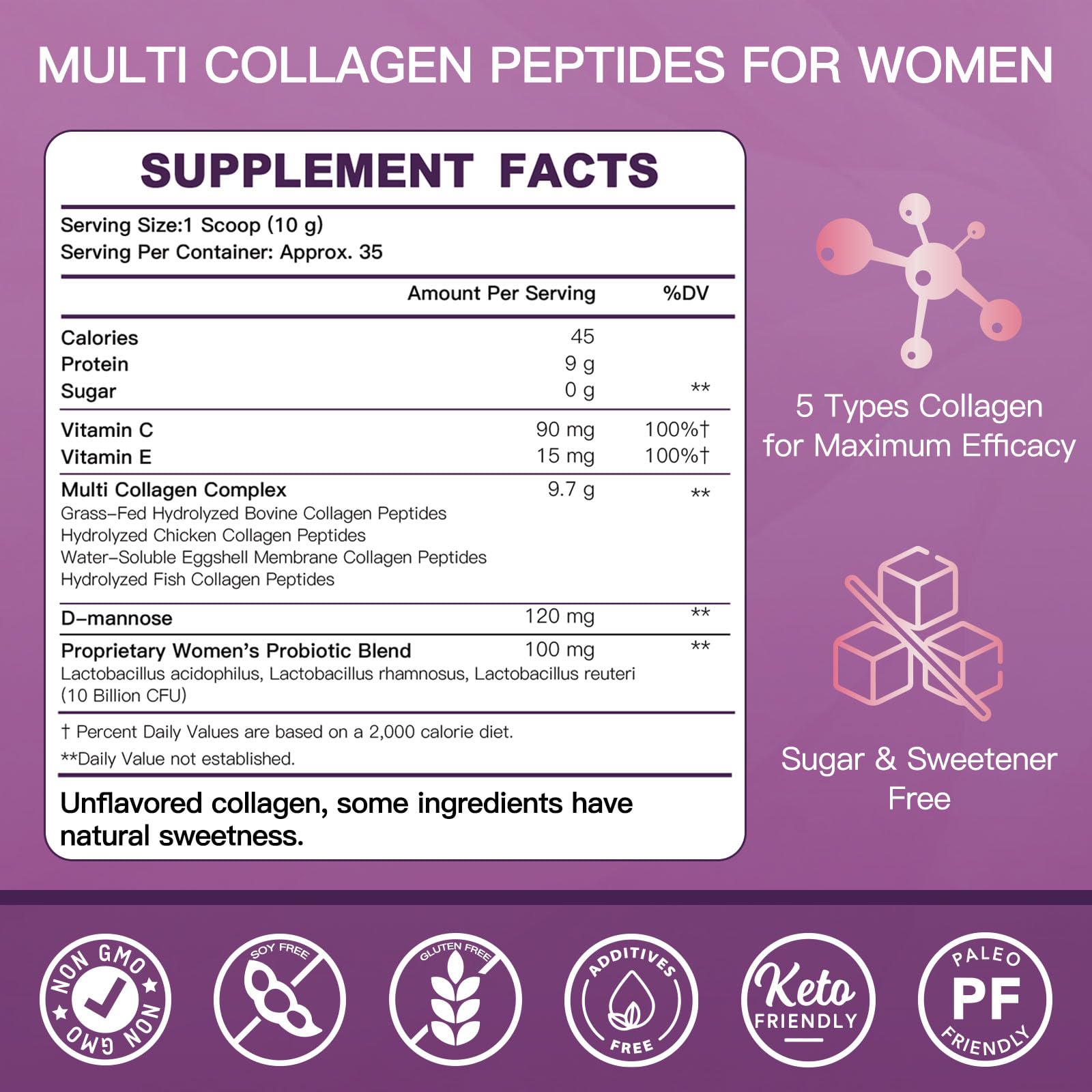 ZEBORA Multi Collagen Peptides Powder for Women – Hydrolyzed Collagen Peptides with D-Mannose & Women's Probiotics – Supports Skin, Hair, Nails, and Urinary Tract Health, Unflavored, 35 Servings