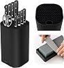 Knife Block Without Knives, Qoosea 4 in 1 Universal Square Knives Block with Scissors Slot Sharpening Rod Slot and Stone, Detachable Kitchen Knife Storage Holder for Easy Cleaning Space Saver-Black