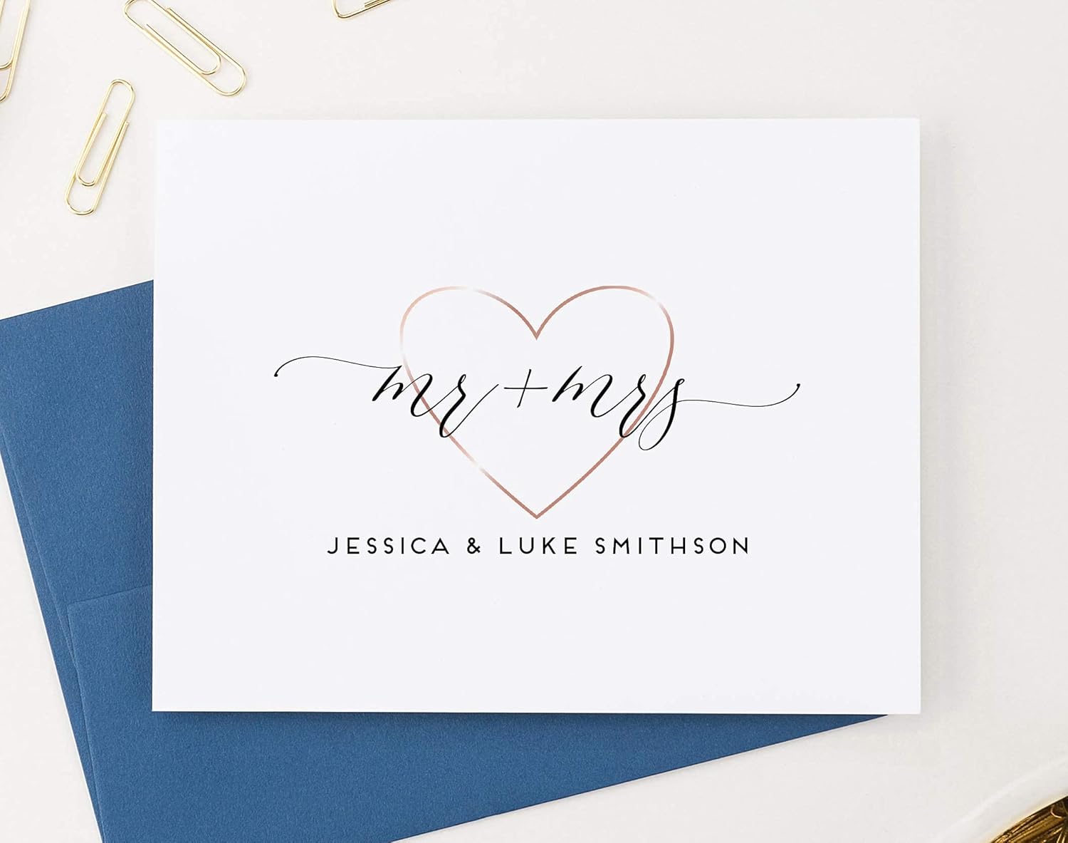 Mr and Mrs Personalized Wedding Thanks You Cards, FOLDED Personalized Couples Stationary with Envelopes, Rose Gold Heart, Your Choice of Color and Quantity