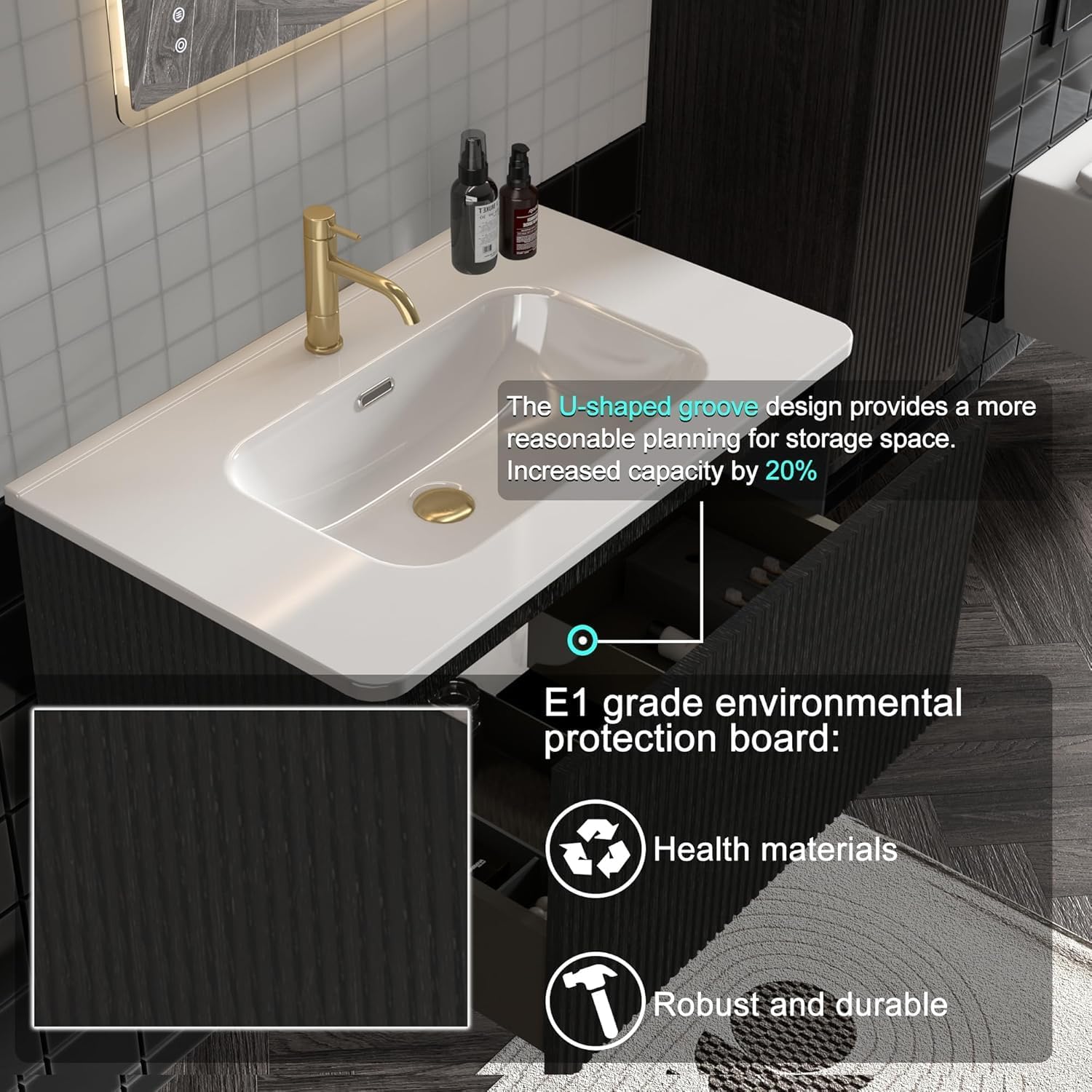 Wall Mounted Floating Bathroom Vanity with Sink, Large Storage for Modern Bathroom, One-Piece Sink Basin Minimalist Cabinet with Overflow (Brushed Black Oak, 30IN)