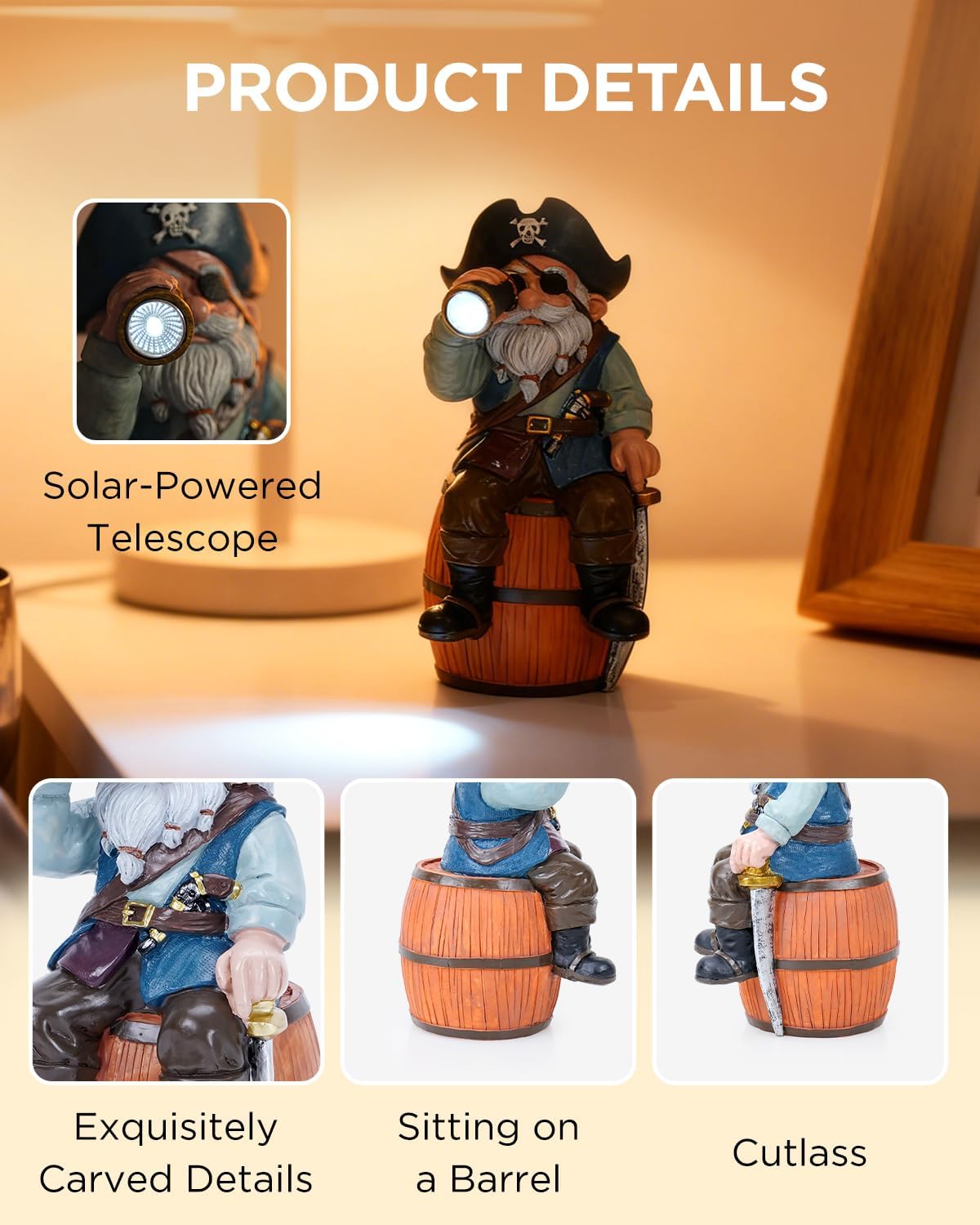 Solar Garden Gnome Statues Funny Resin Pirate Gnome Decorations Sitting on Wine Barrel Outdoor Figurines for Yard Patio Mom Gift