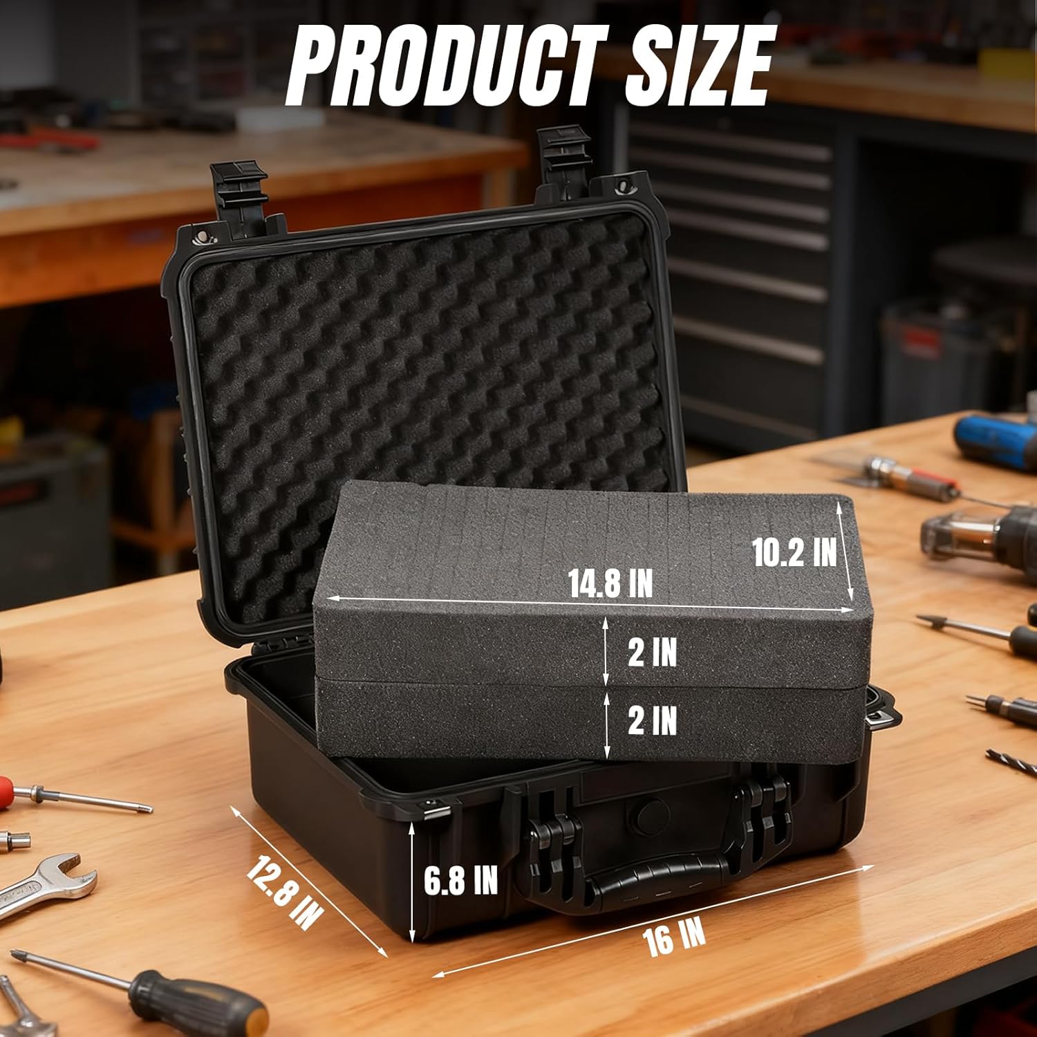 16x 12.8x 6.8 Inch Hard Case, Portable Weather Waterproof Protective Camera Case with Customizable Foam, Fit Use of Drones, Camera, Equipments, Black - Image 2