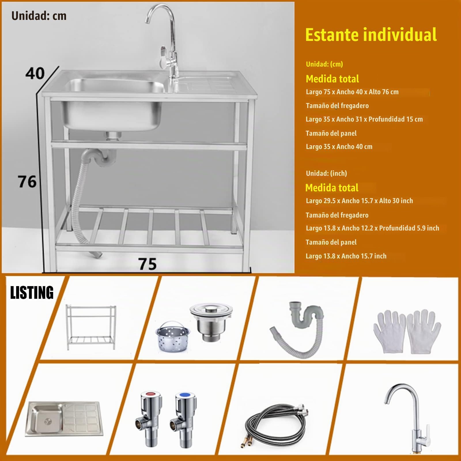 Fregadero Industrial Acero Inoxidable Comercial De Un Solo Tazón Fregadero De Cocina Independiente Lavabo De Mano，para Cocina, Restaurante, Bar, Jardín (Color : Hot and cold, Size : 1-tier 75 * 40cm)