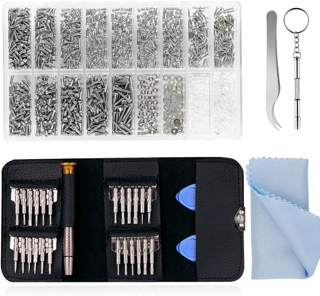 TooTaci Eyeglasses Repair Kit – 1000Pcs Small Screws Bolts Nuts Washers Assortment and Eyeglass Nose Pads,25 in 1 Glasses and Sunglasses Screwdriver Set, Precision Screwdriver Repair Tool Kits