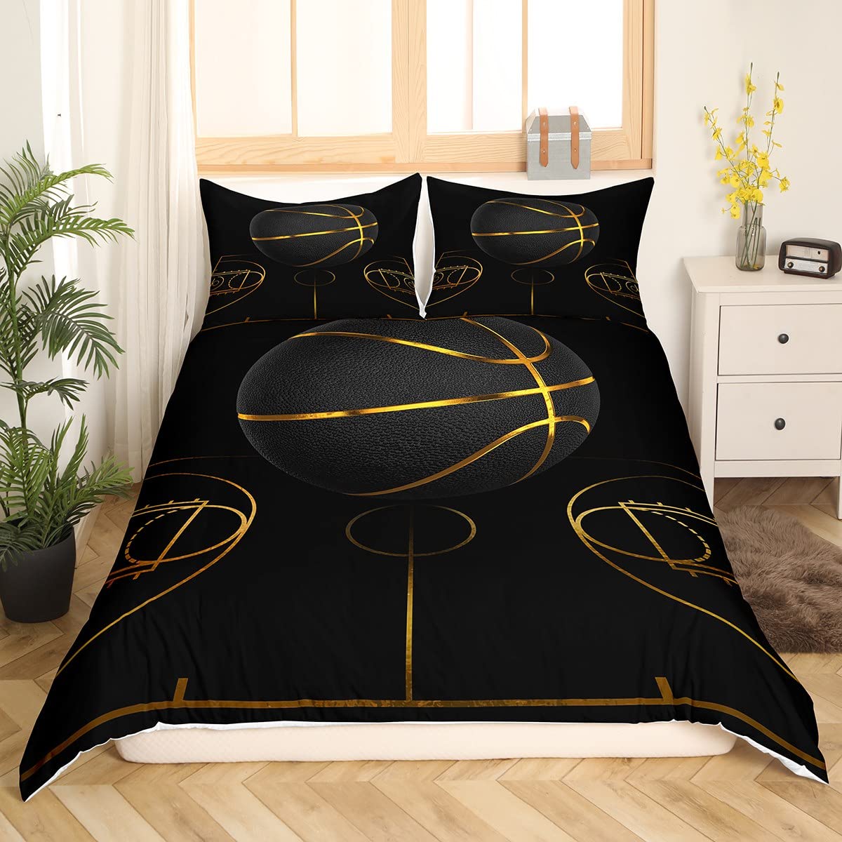 Kids Basketball Bedding Set Sport Basketball Arena Duvet Cover for Boys Girls Bedroom Golden Black Ball Games Decor Comforter Cover Set Luxury Modern Bedspread Cover Double With 2 Pillow Case - Image 3