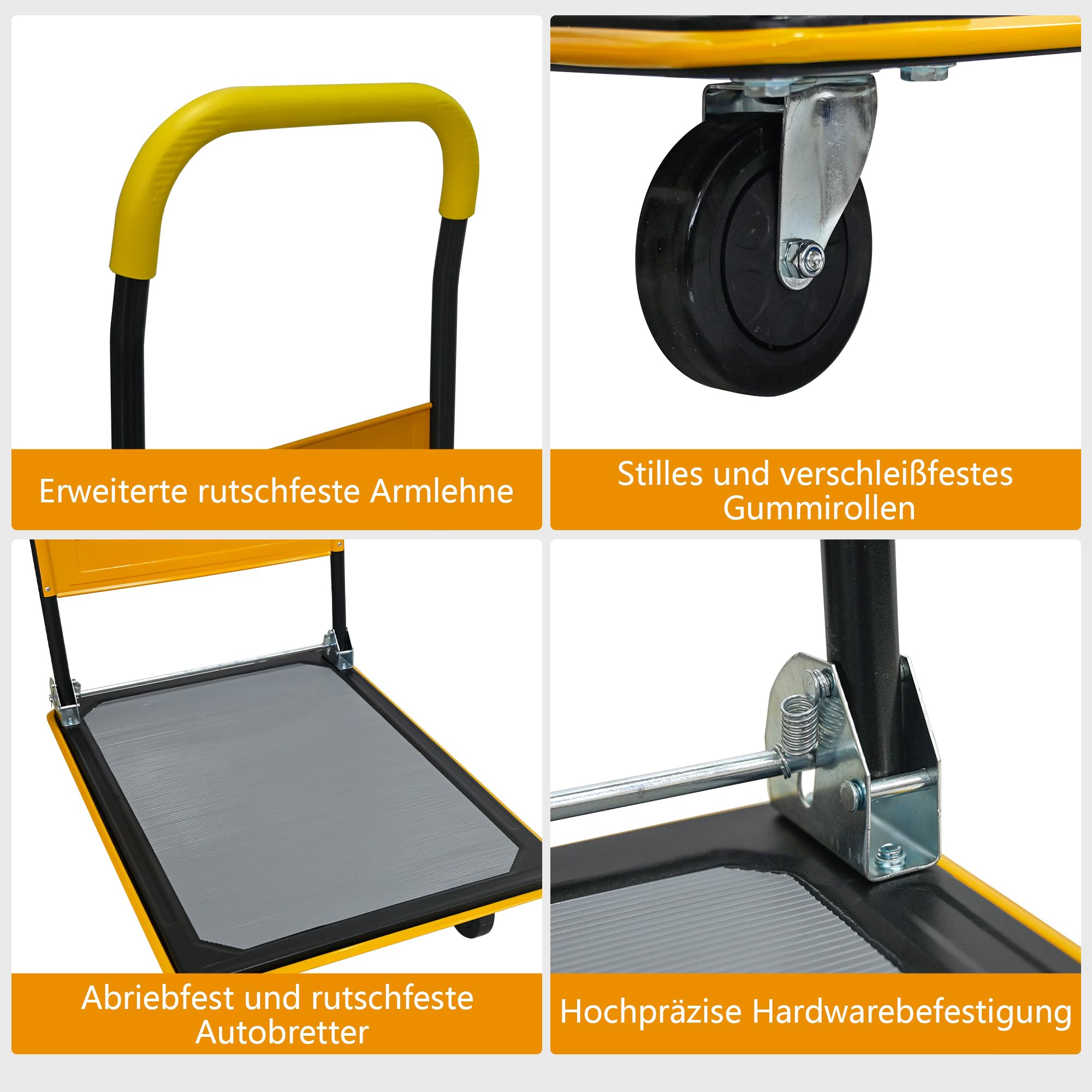 Plattformwagen, Transportwagen, Faltbarer Klappwagen 150 kg, gelber Handwagen mit 360 Grad Schwenkrädern aus Polyurethan für Lager, Beladung und Umzug