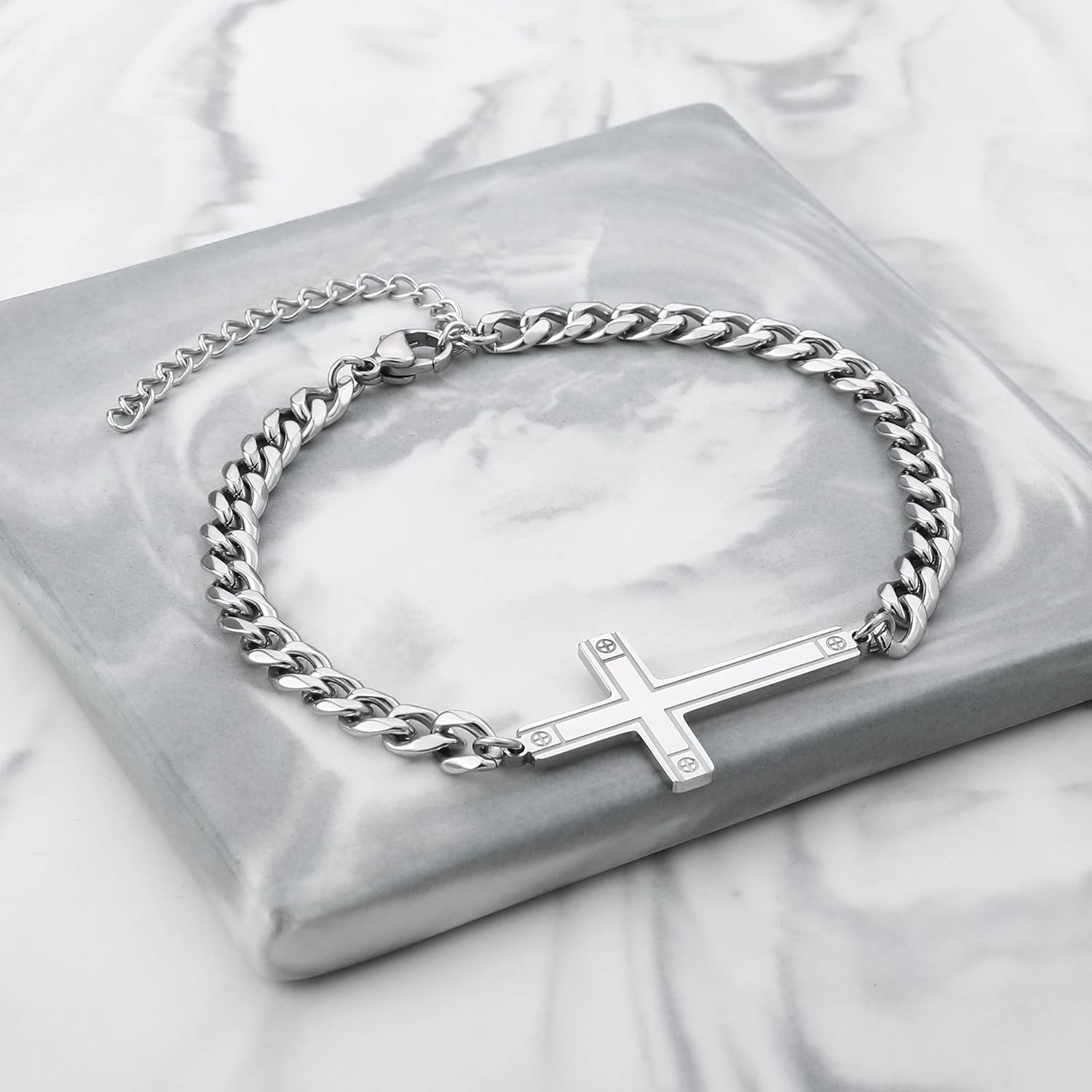 Ailetop Silver Cross Bracelet for Men Teens, Stainless Steel Cuban/Figaro Cross Chain Link Bracelet 5mm 7+2 Inches, Christian Religious Jesus Confirmation Jewelry Gifts for Him - Image 8