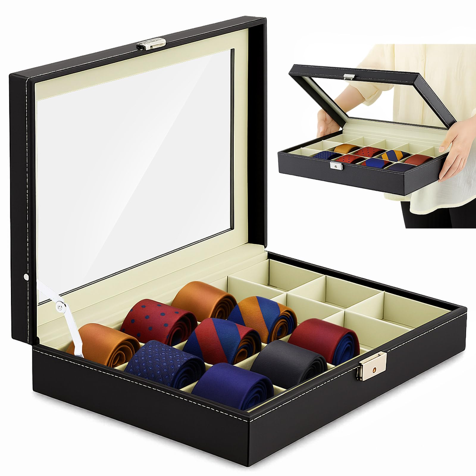 AceOrbit Luxuriöse Krawattenvitrine mit Glasdeckel - 15 Steckplätze Organizer für Herren Krawatten & Accessoires, abschließbare Kommode Aufbewahrungsbox, elegantes Geschenk zum Vatertag