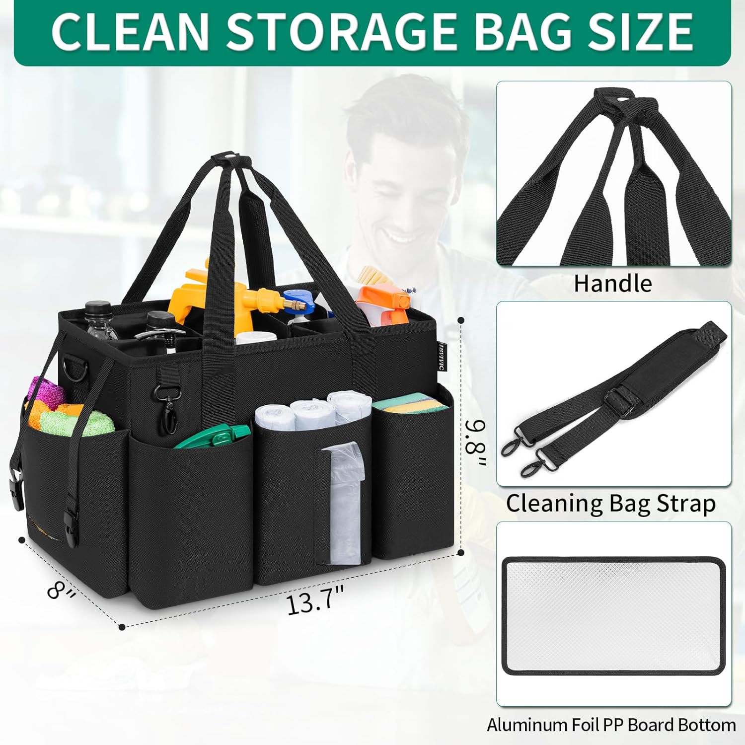 IBVIVIC Wearable Cleaning Caddy Bag for Cleaning Supplies, Large Capacity Cleaning Organizer Tote Bag Simple Kitchen Cleaning Supplies Storage Bag for Cleaners Housekeepers (Black)
