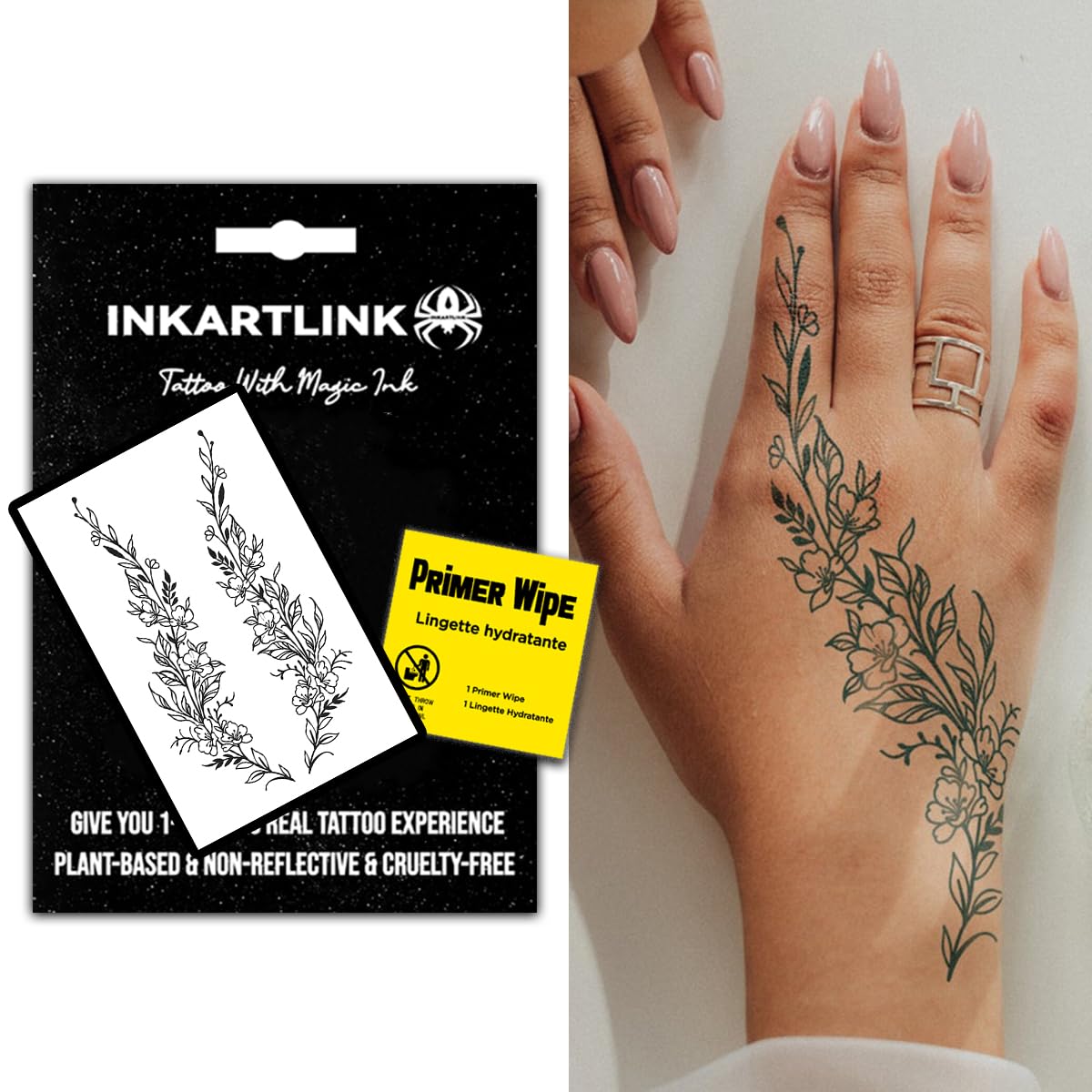INKARTLINK Semi Permanent Tattoo, realistic flower tattoo, niche, lasts 7-15 days, suitable for boys and girls, waterproof and non-reflective, exquisite packaging, unique design (Flower vine)