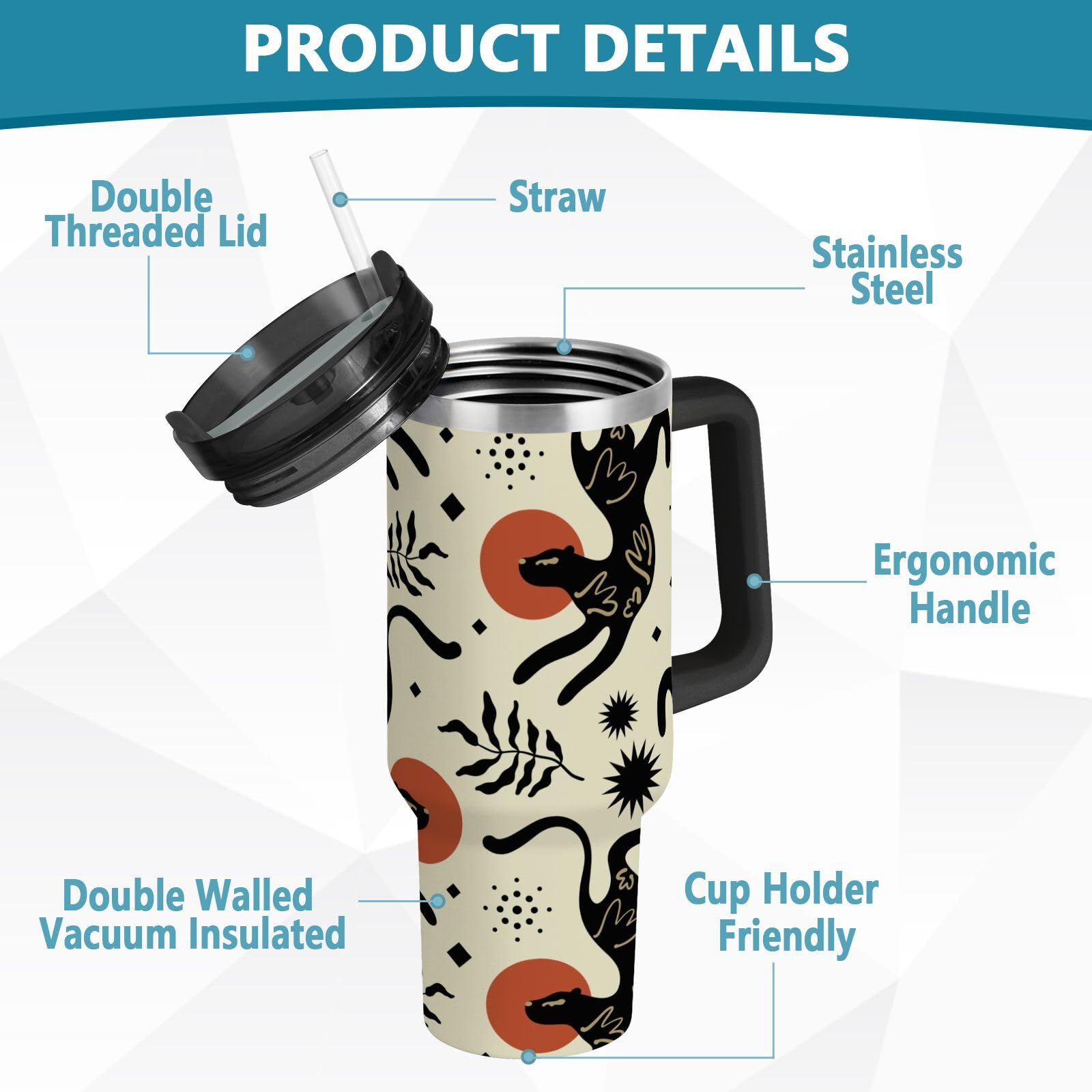 Isolierter Trinkbecher, ethnischer Boho-Leopardenmuster, doppelwandig, Edelstahl, Wasserflasche, Kaffeetasse, Reisebecher mit Griff, Strohhalm-Deckel