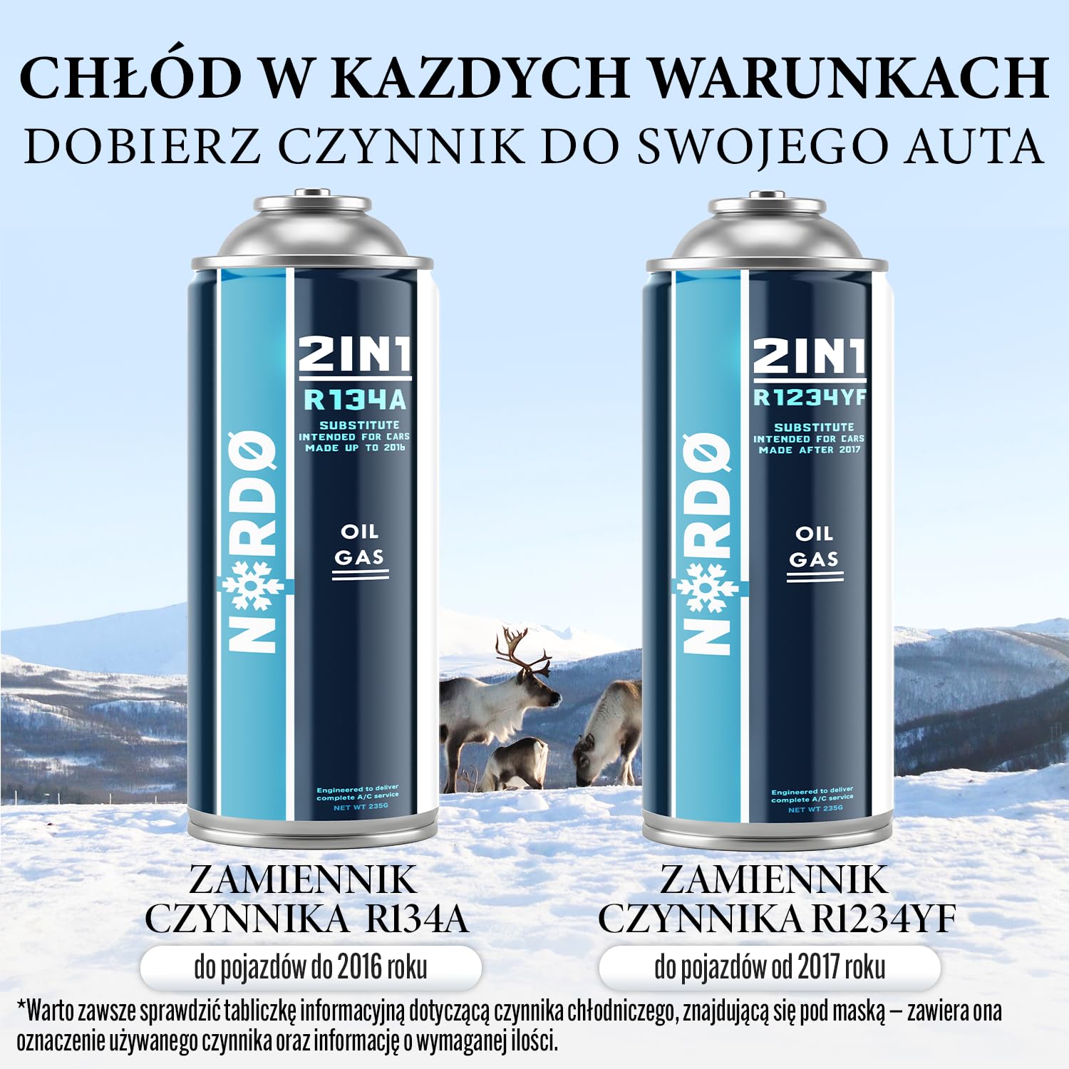 Nordo - Zamiennik Czynnika Chłodniczego R134a Gaz 1x 235 g z Wężem i Adapterem HP/LP do Klimatyzacji – Napełnianie Klimatyzacji Samochodowej – Gaz R134a – Kartusz Gazu – ECO