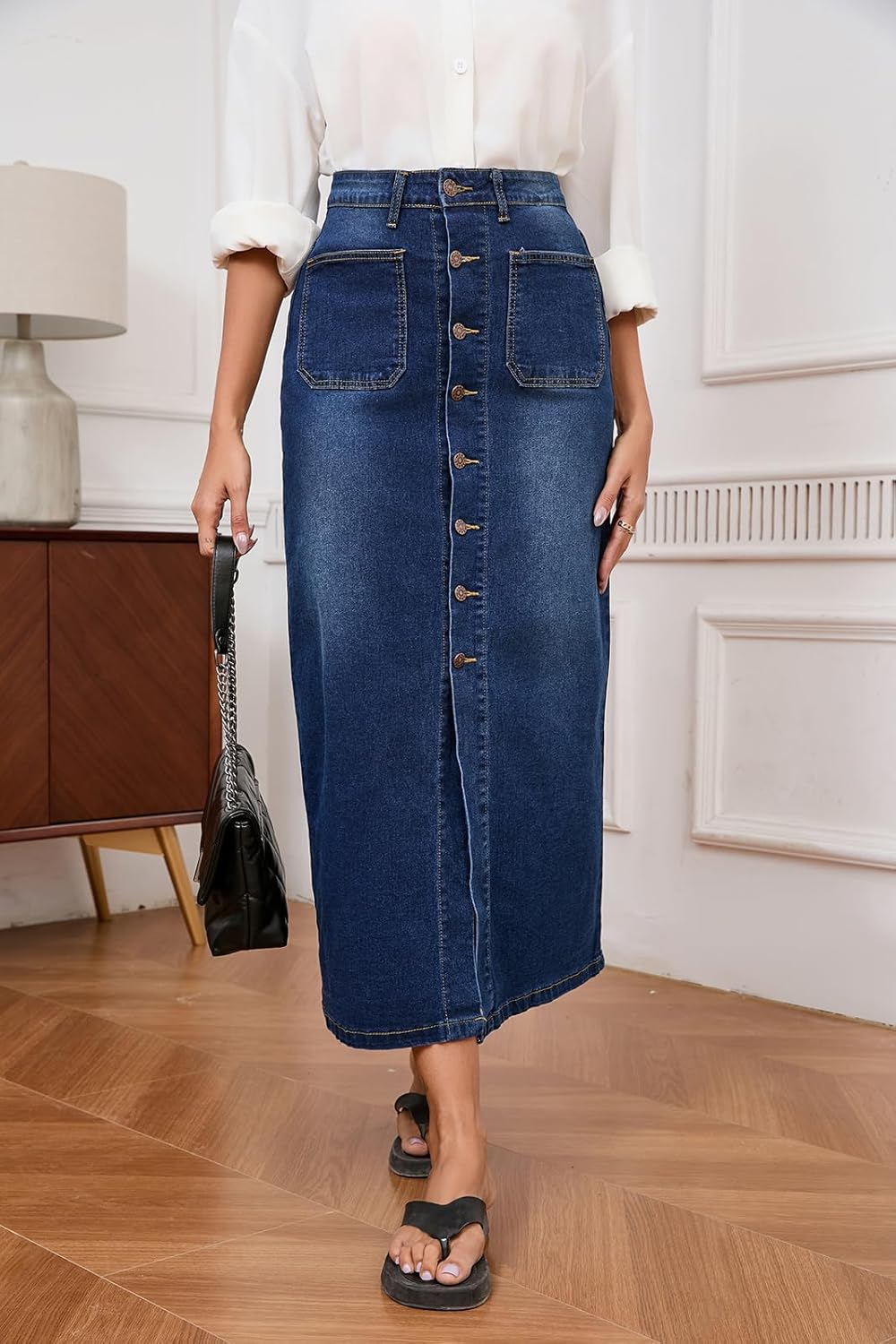 Women's Casual Slit Denim Midi Jean Skirt Stretch High Waisted Button Up Frayed with Pockets