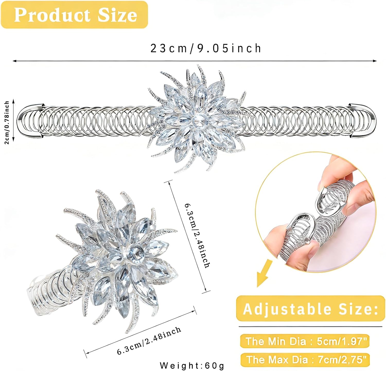 Silver Crystal Flower Curtain Tiebacks 2 Pack Sparkly Rhinestone Curtain Holdbacks,No Drill Curtain Ties & Auto-Closing Spring Wire,Boho Curtain Tie Backs for Office Living Room Bedroom Decor