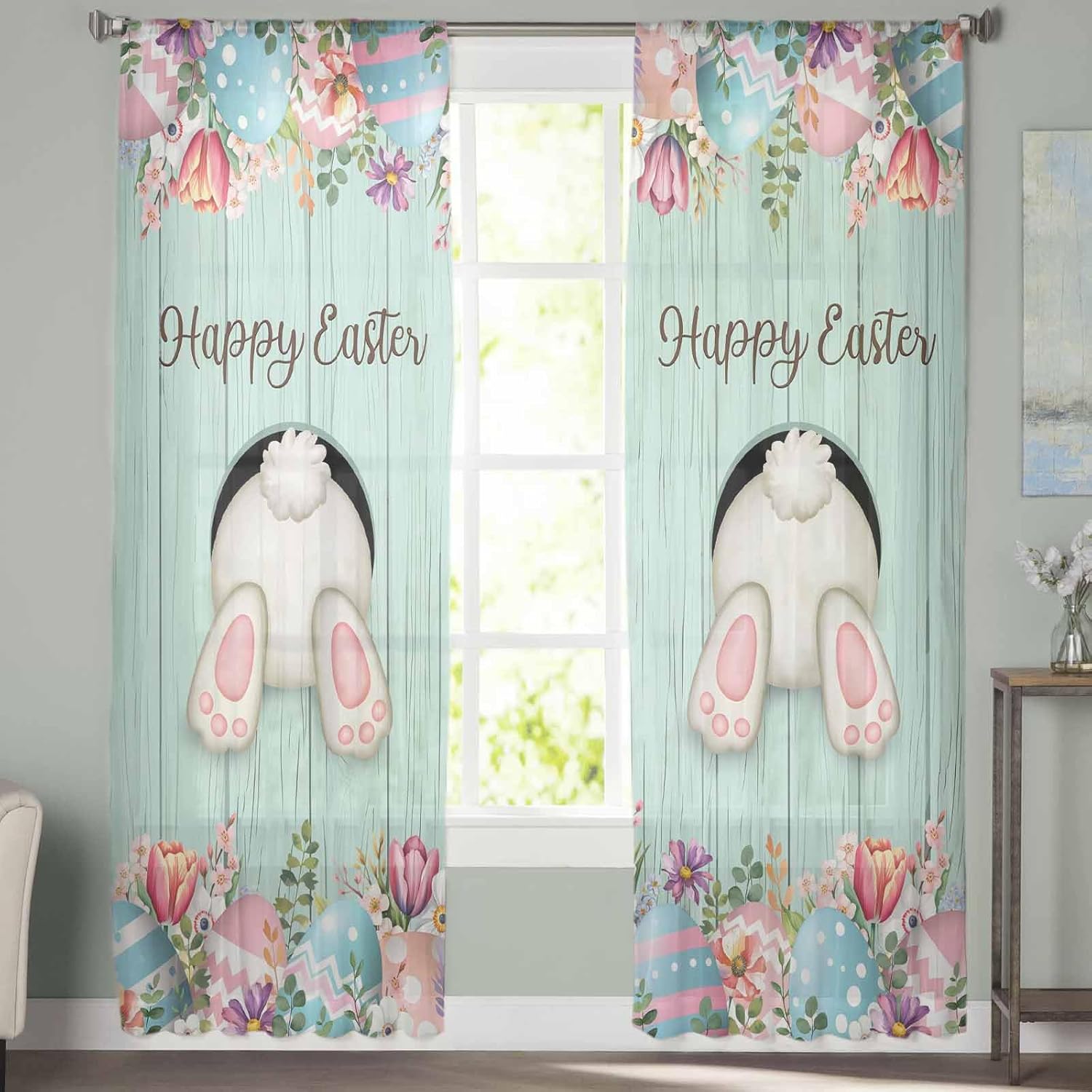 Spring Easter Sheer Curtains - 2 Panel Set, Bunny Tail Light Filtering, Teal Wood Rod Pocket, 84" Length, Semi Sheer for Living Room/Bedroom/Bathroom