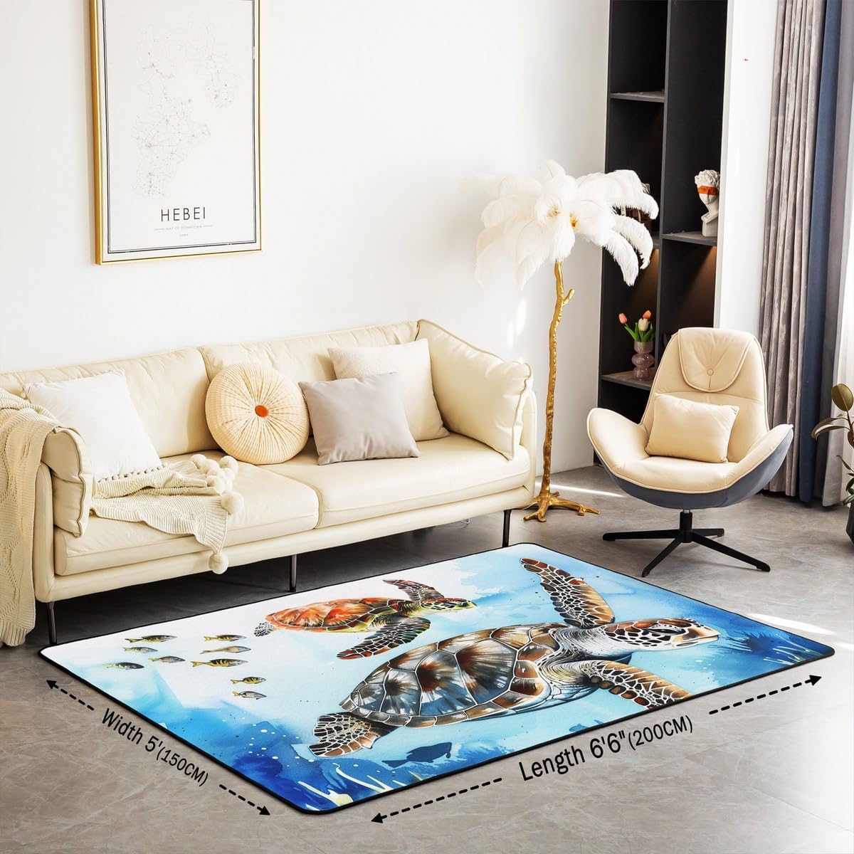 Erosebridal Sea Turtle Area Rug 5x7,Cartoon Tortoise Carpet for Kids,Coastal Fish Indoor Floor Mat Machine Wash Dry,Hawaiian Ocean Decorative Rug for Home Decorative