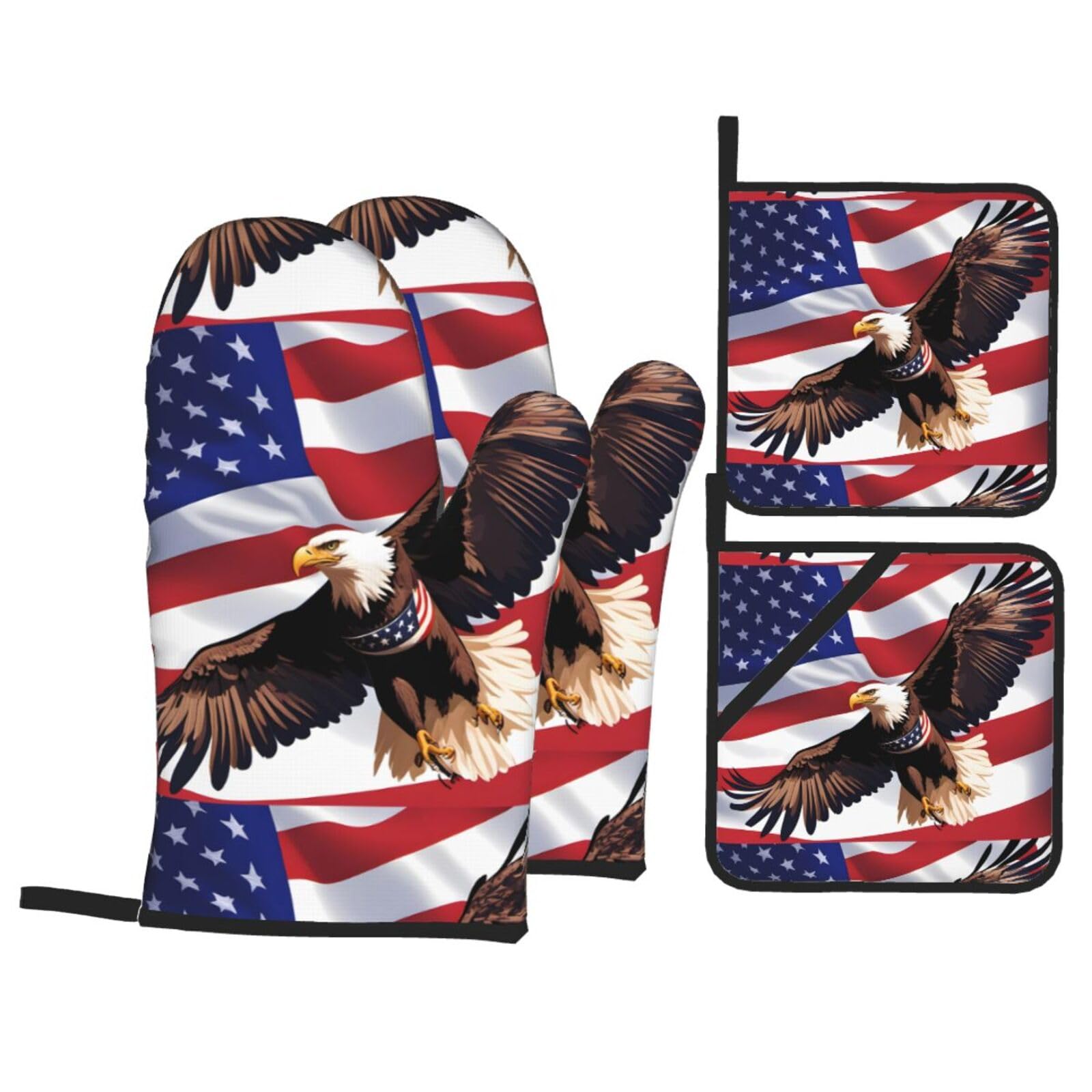 YYHHAOFA USA Patriotic Eagle with American Flag Prints Kitchen Baking Set with Heat Resistant Pot Holders & Oven Mitts - Waterproof Layers for Cooking, Grilling & Serving, Includes Pocket Layer