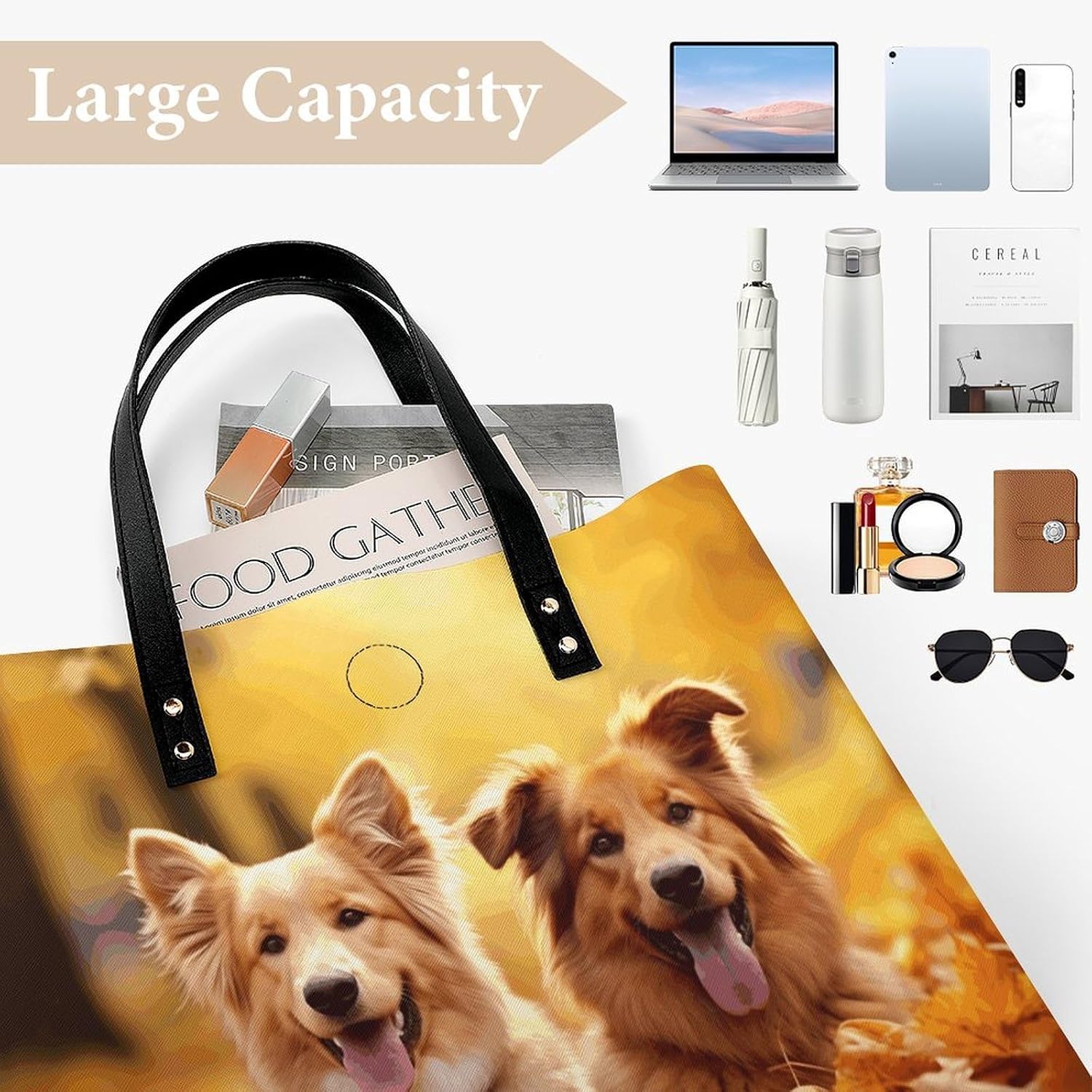 Fall Background with Dogs Tote Bag with Magnetic Buckle Reusable Grocery Bags Lightweight Cross Body Handbag for Daily Essentials
