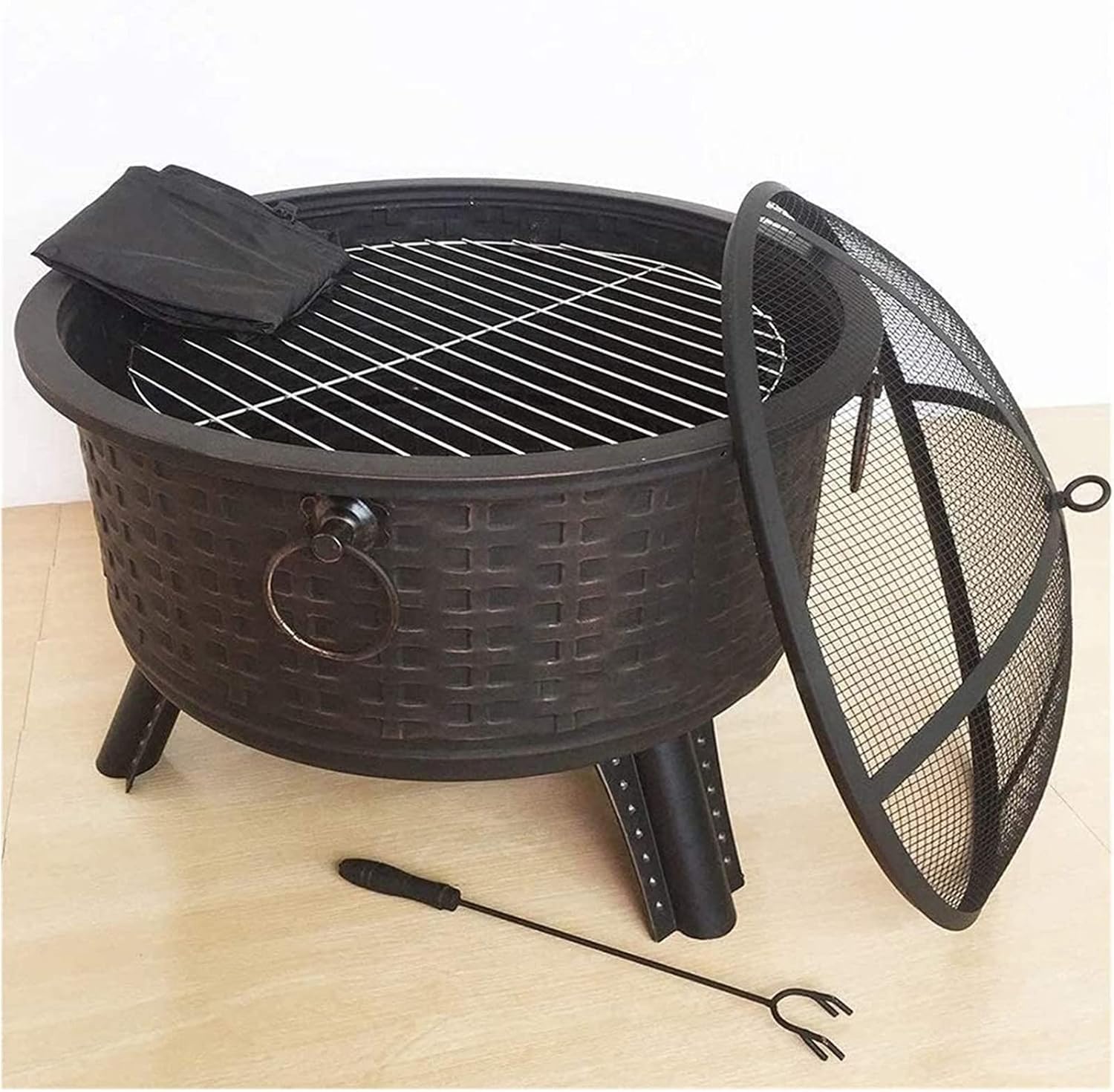 Garden Fire Pit Portable Grill Barbecue Rack Outdoor Fire Pit Patio Fire Steel BBQ Grill Fire Pit Bowl with Mesh Spark Screen Cover,Log Grate, Poker for Camping for Camping Backyard