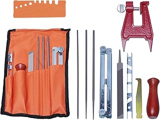 Chainsaw Sharpener File Kit for Sharpening Filing Chainsaws - Include Files, Wood Handle, Depth Gauge, Filing Guide, Tool Pouch & Chainsaw Filing Stump Vise by Poweka