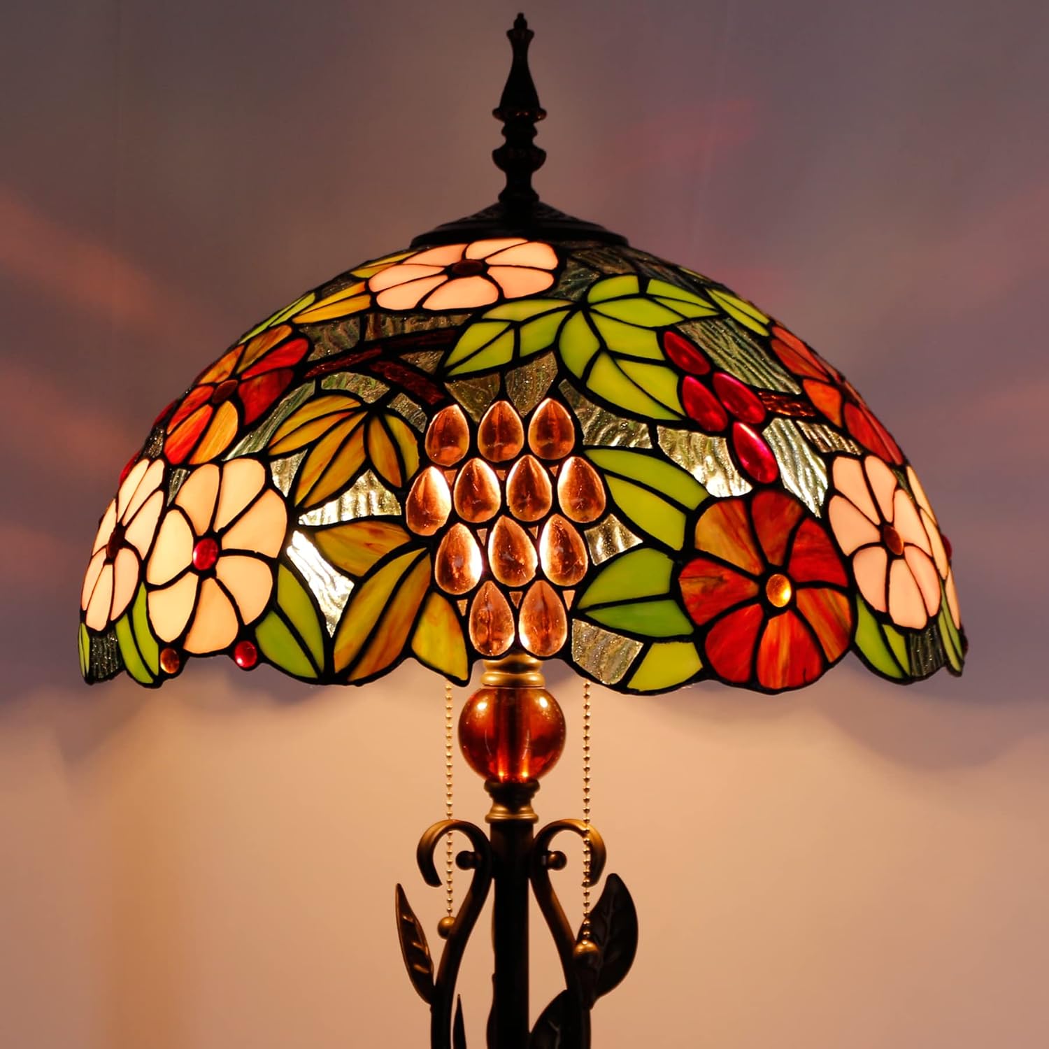Tiffany Floor Lamp Stained Glass Standing Reading Lamp 16x16x70 Inches Antique Pole Corner Light for Bedroom Living Room (Grapes Flower)