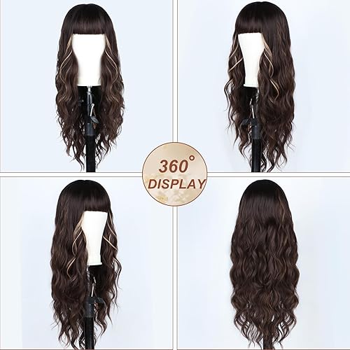 Miniatura 10 de MINLEE Peluca larga ondulada para mujer, pelucas de 26 pulgadas con flequillo, aspecto natural, peluca de fibra sintética resistente al calor para