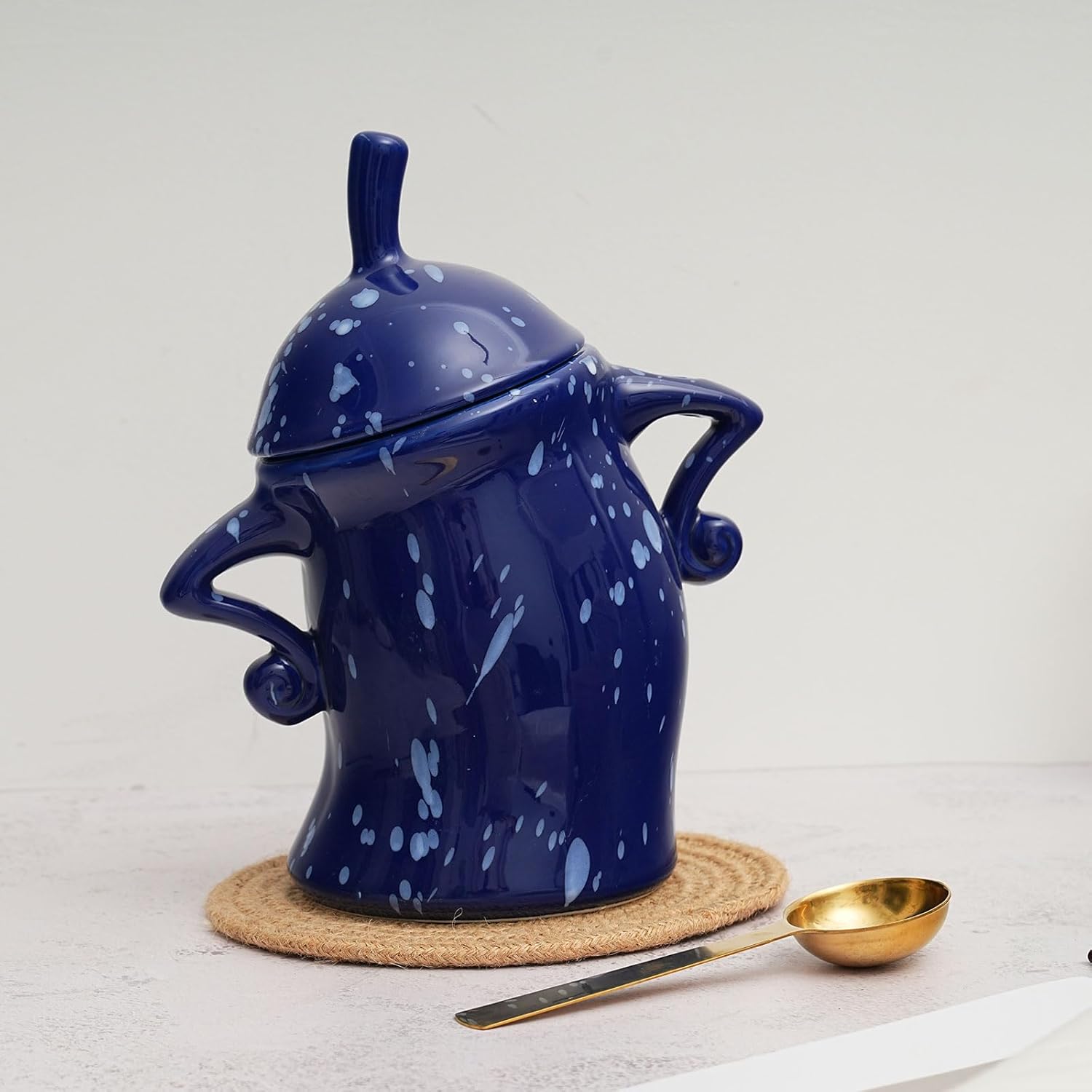 Canister With Attitude,Large Capacity Cute Sassy Tea Pot Storage with Airtight Lid Fun Food Jar Stylish Teapot Large Ceramics Lid, Creative for Coffee, Tea, Sugar, and Spices,With Spoon (Blue)