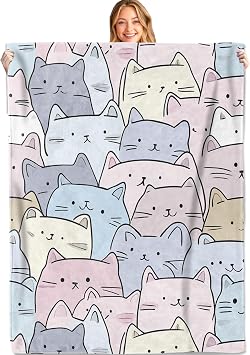 Cute Pastel Cat Face Throw Blanket, 50x60in, Soft, Lightweight Flannel,Kawaii Cartoon Cats in Pink, Blue, Cream and Lilac Blankets, Gifts for Women, for Home Living Room Decor